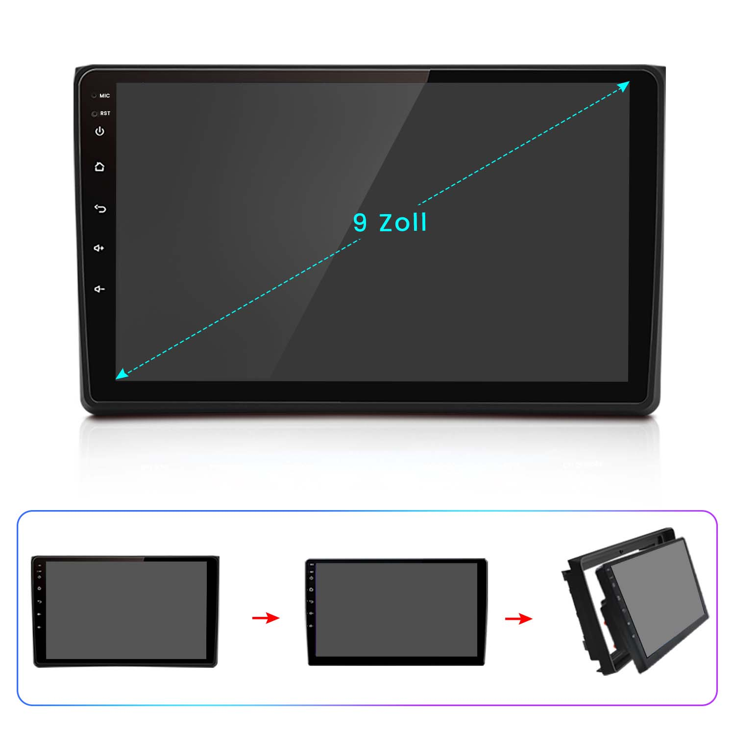 Ein Auto-Multimedia-System mit 9-Zoll-Display und Installationsdiagrammen.