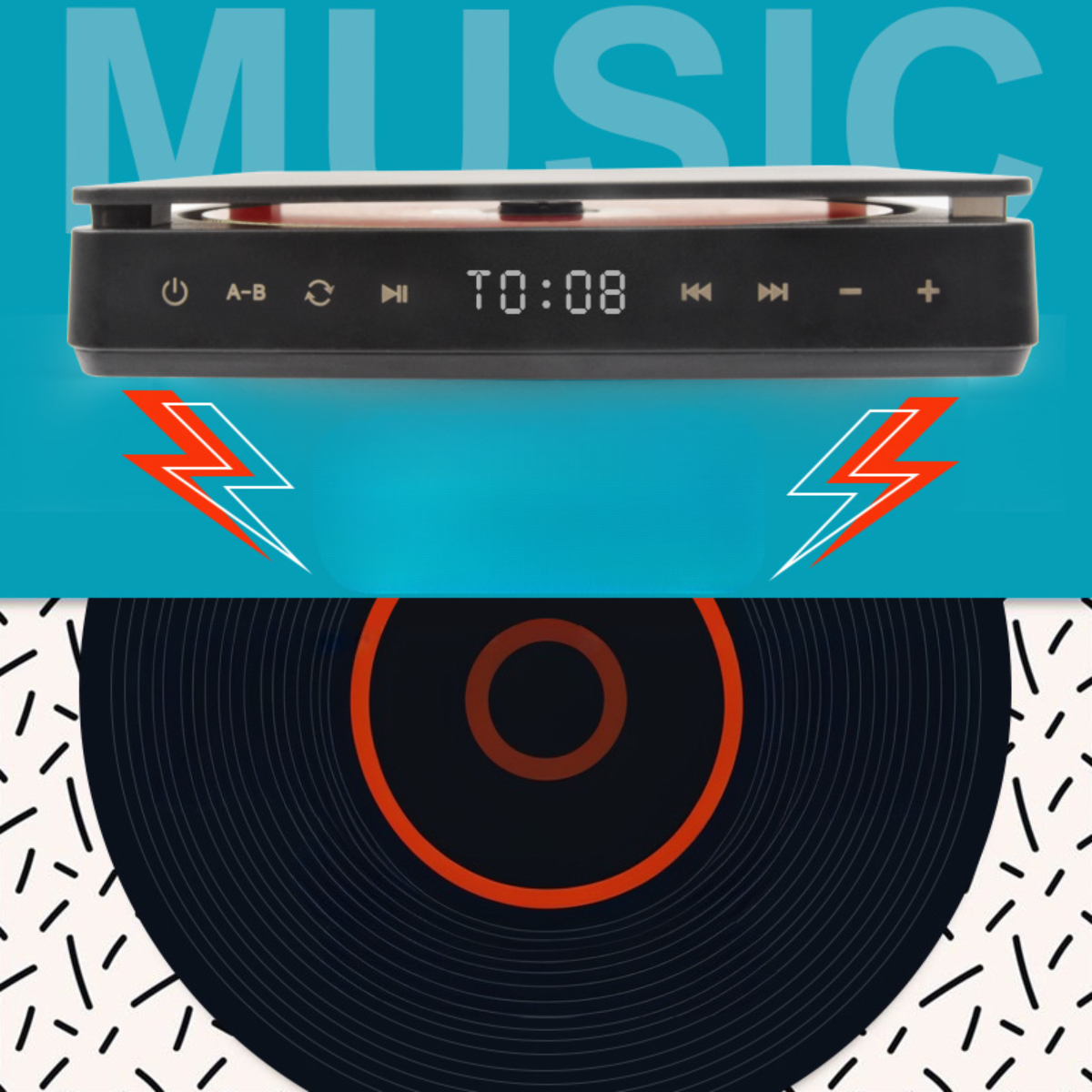 Ein schwarzer Musikplayer mit digitaler Anzeige, Schallplatte und Blitz.