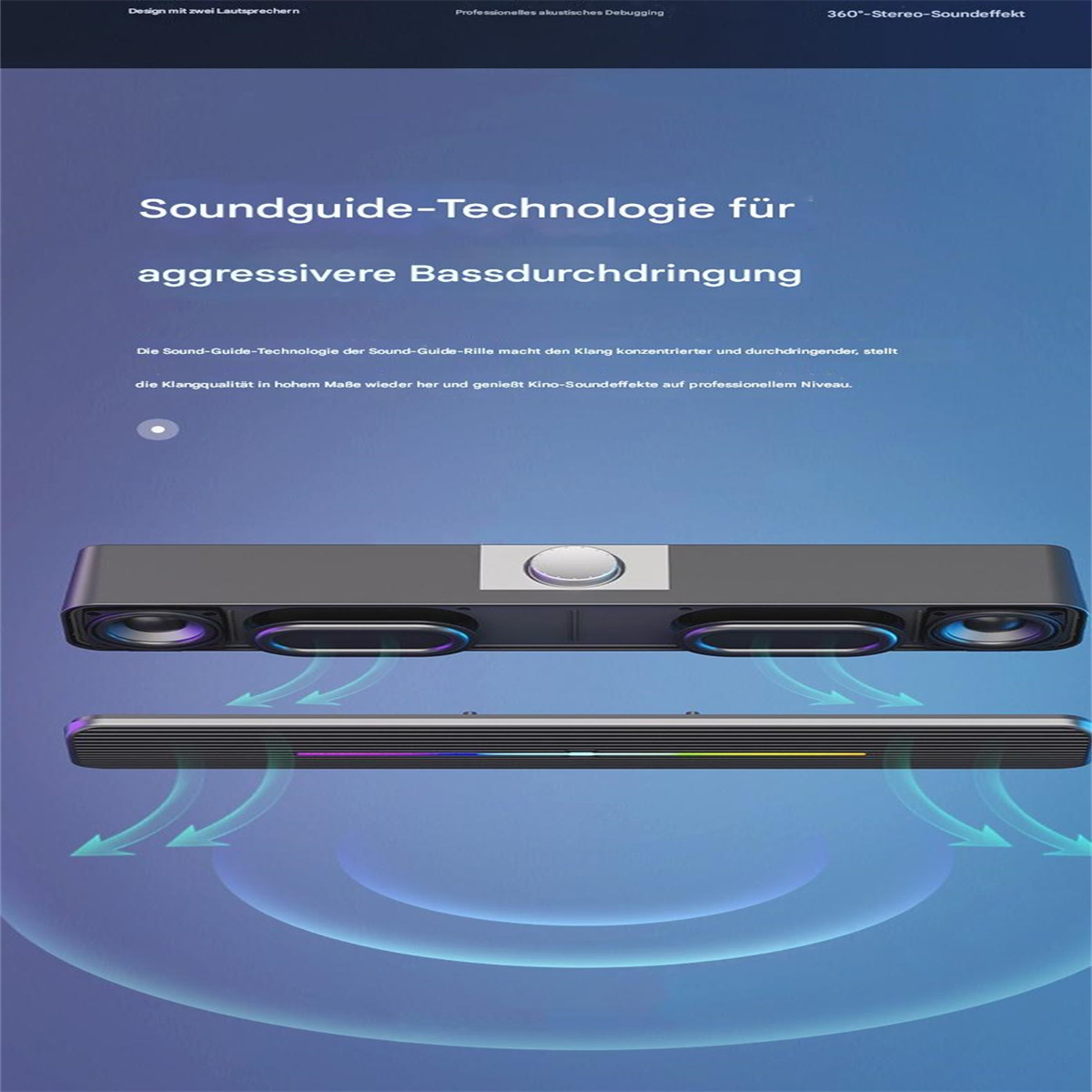 Soundguide-Technologie Soundbar mit blauen und bunten Lichtern an der Unterseite.