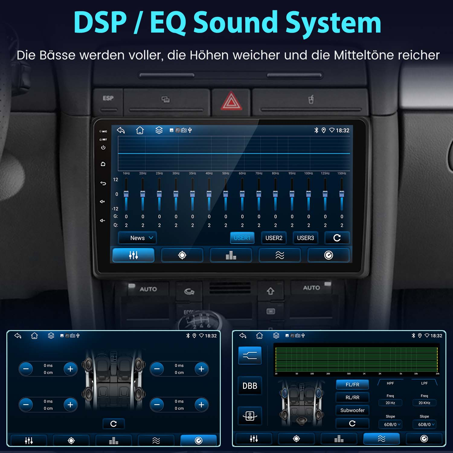 Autoradio-Bildschirm mit Optionen für das Soundsystem, verschiedenen Tasten, Equalizer-Einstellungen und Uhrzeit.