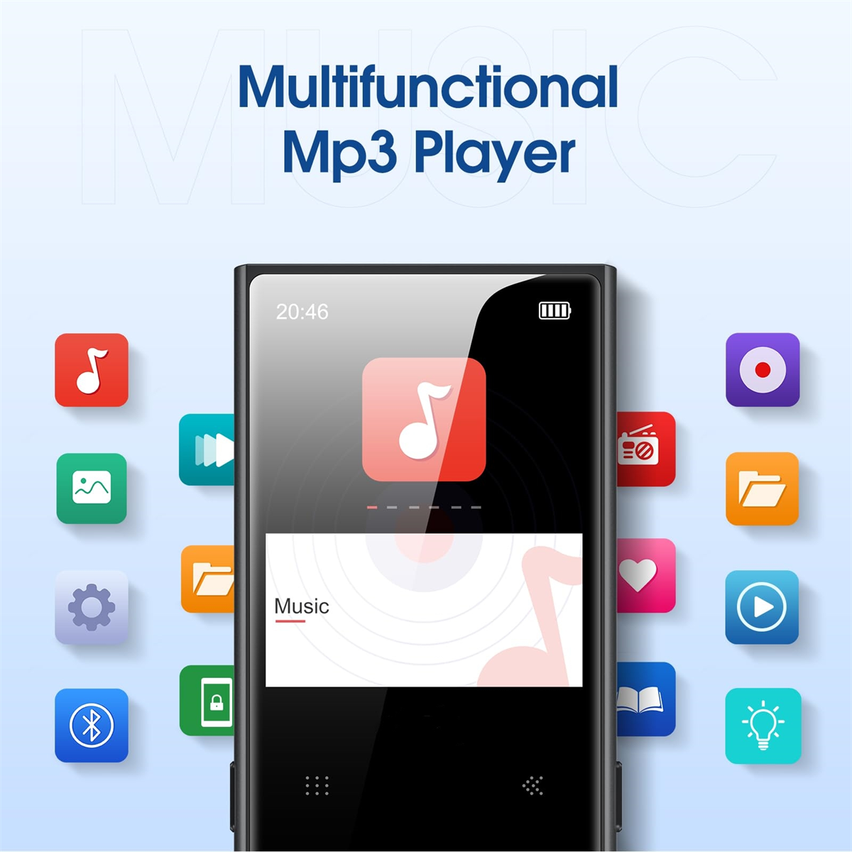 Schwarzer MP3-Player mit farbenfrohen App-Symbolen auf dem Bildschirm und im Hintergrund.