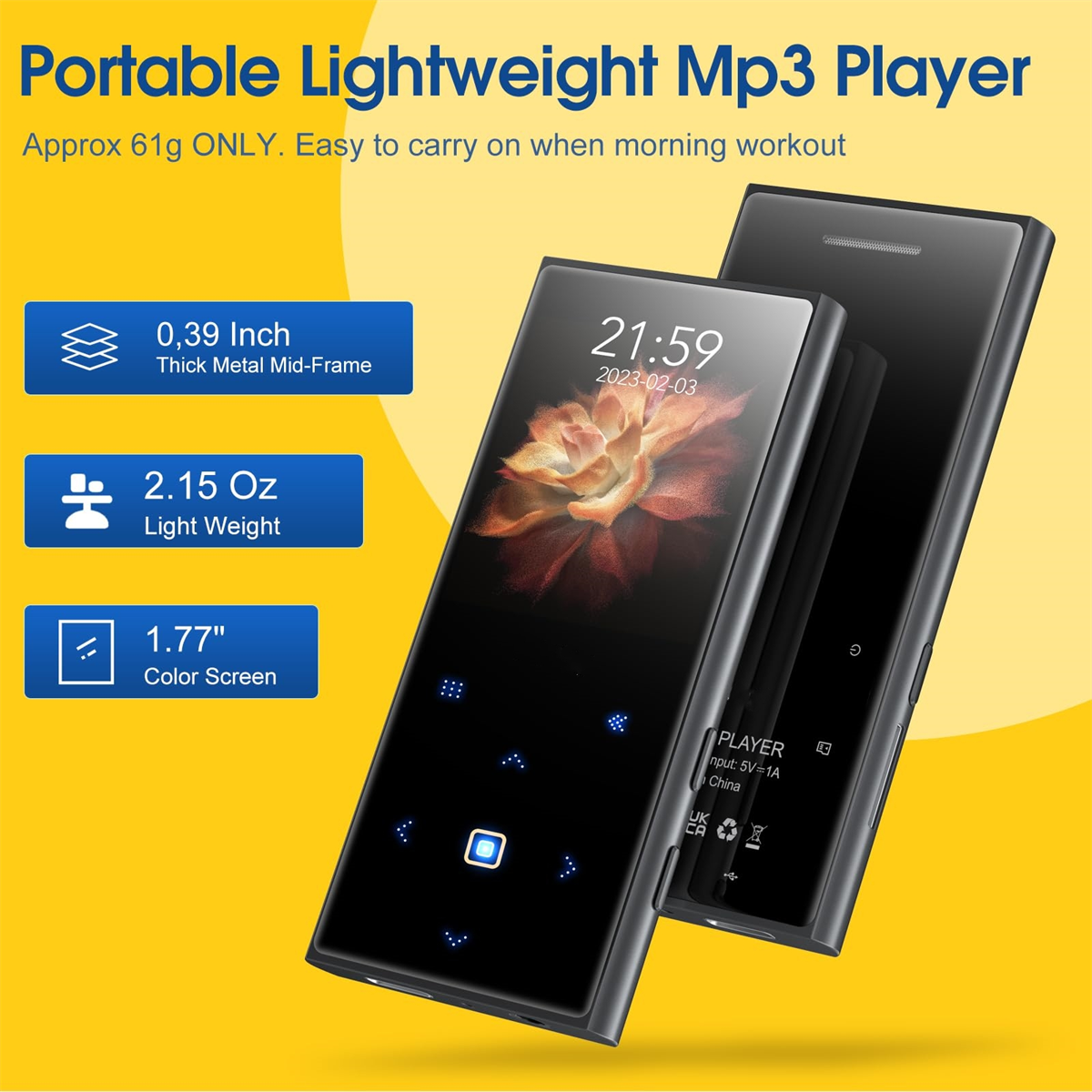 Schwarzer MP3-Player mit Bildschirm, der die Zeit anzeigt, neben einem anderen.