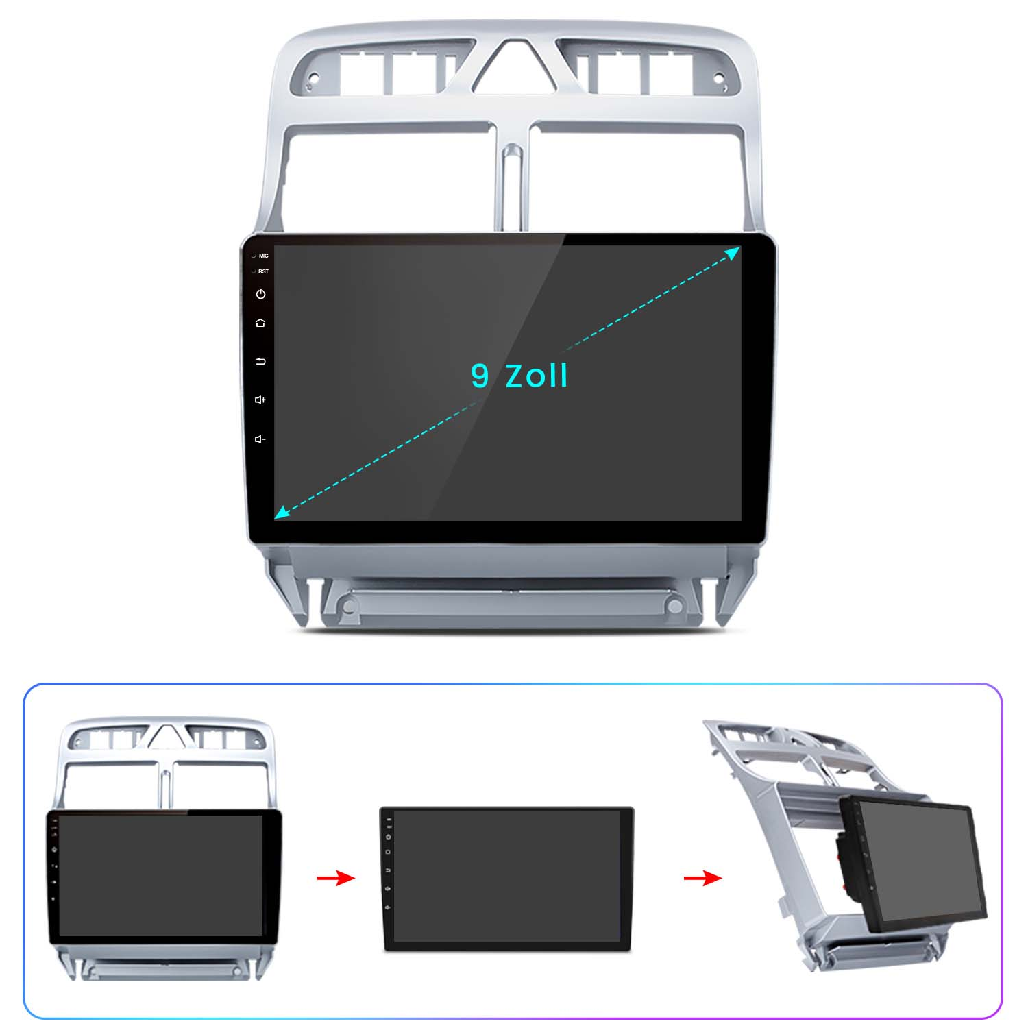 Autoradio-Bildschirm, silbernes Gehäuse, 9-Zoll-Display. Zusätzliche Ansichten des Radios und der Montage.