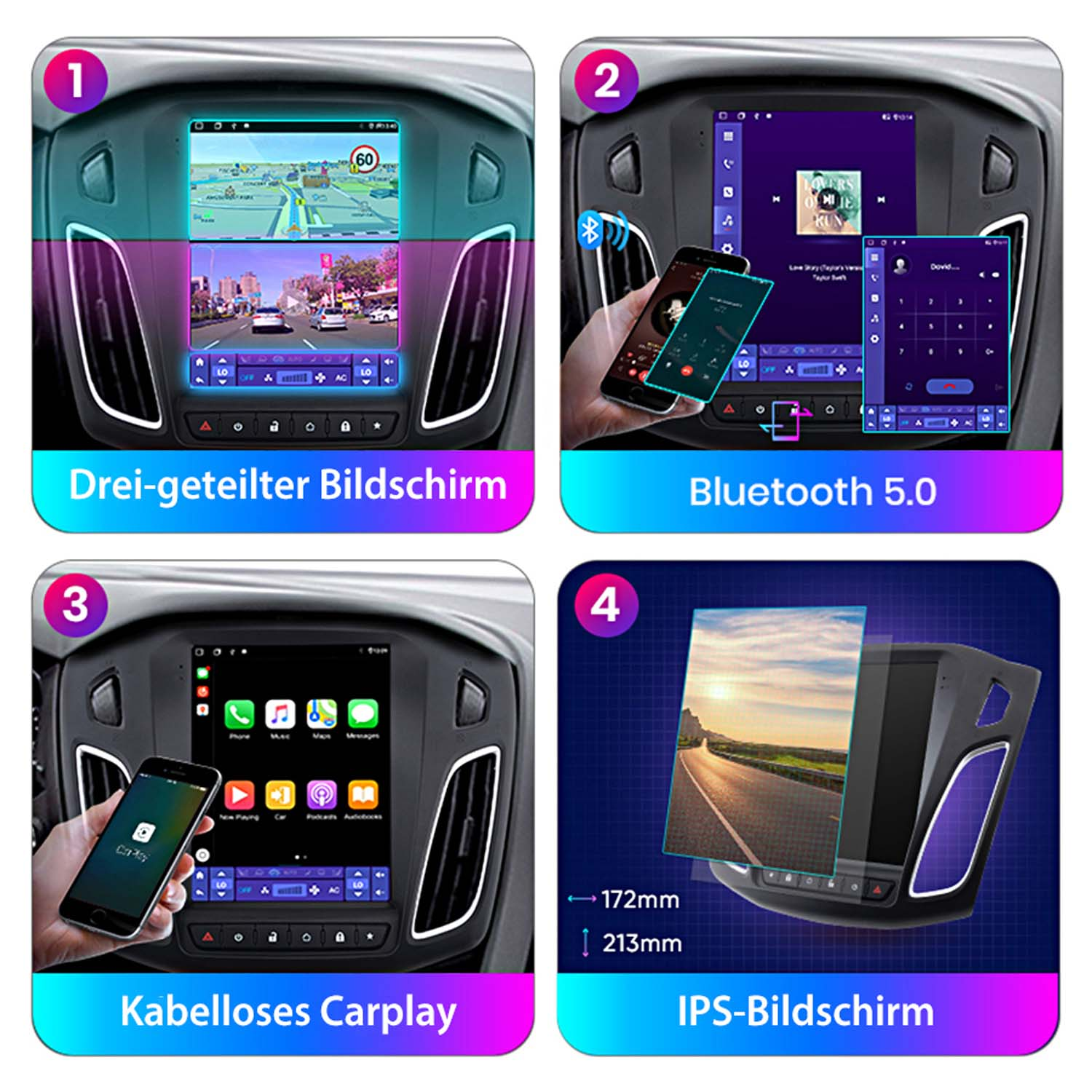 Cztery zrzuty ekranu pokazujące ekran samochodu z podzielonym ekranem, Bluetooth, Carplay i ekranem IPS.