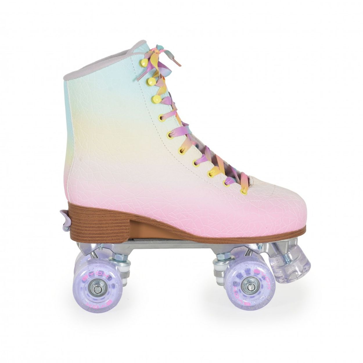 Rollschuh mit Pastellfarben, rosa, blau und gelben Farbverläufen.