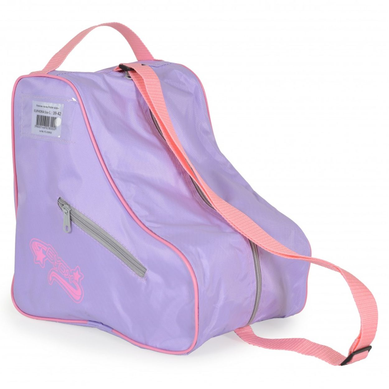 Eine hellviolette Rollschuhtasche mit pinkfarbenen Verzierungen und Riemen, mit Reißverschluss und Logo.