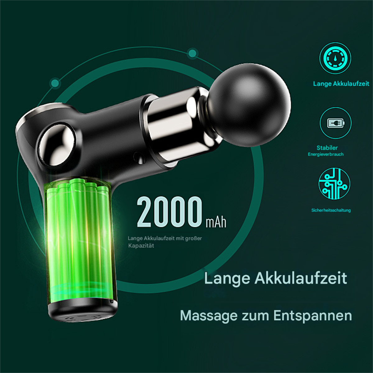 Eine schwarze Massagepistole mit grünem Batteriefach, zeigt eine Kapazität von 2000 mAh.