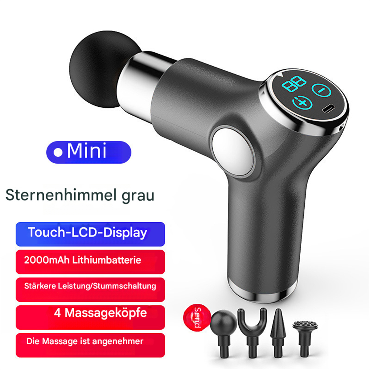 Eine graue Handmassagepistole mit Mini-Logo und verschiedenen Massageköpfen auf weißem Hintergrund.