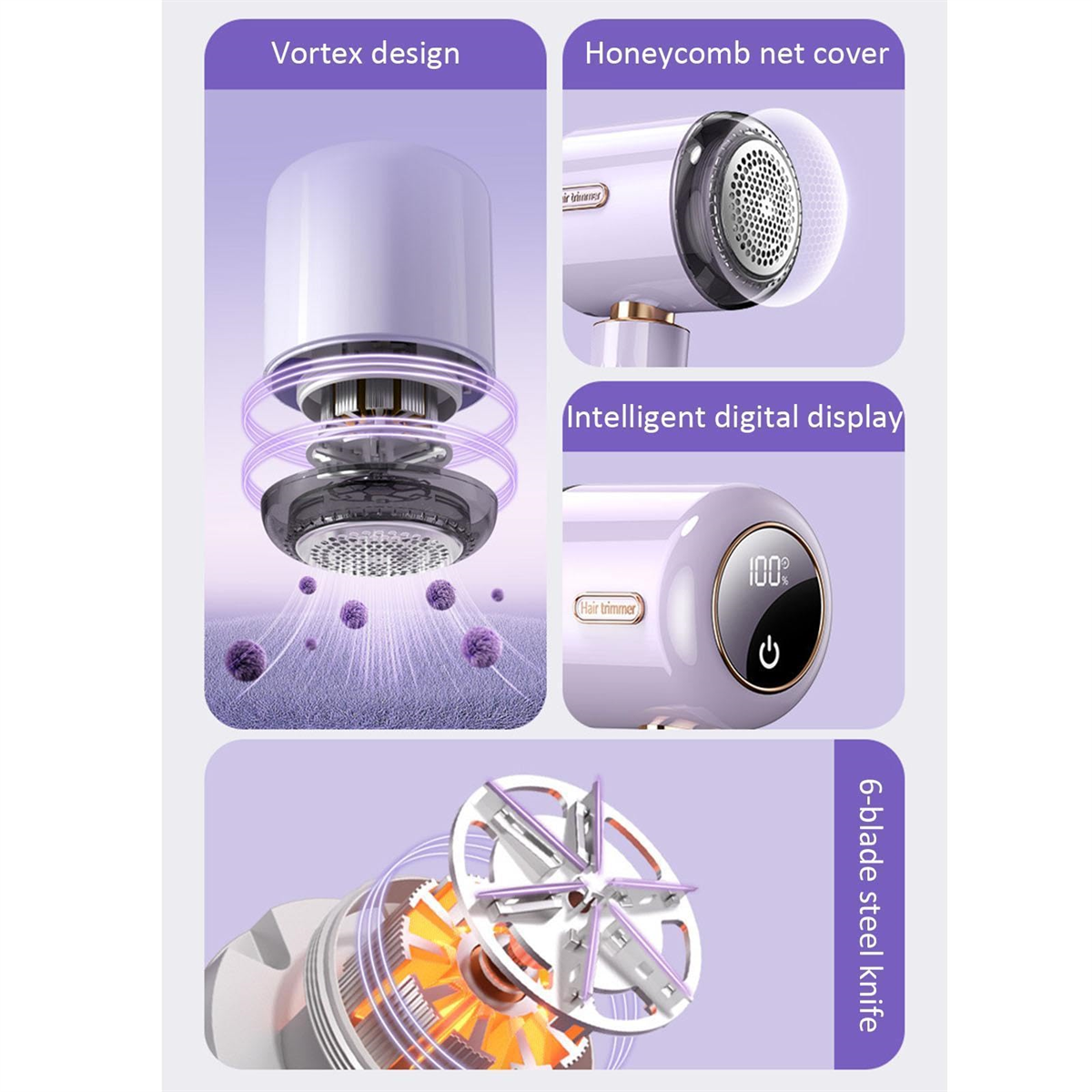 Gerät mit Details zu Vortex-Design, Stahlmesser und Digitalanzeige für Haarschneider.