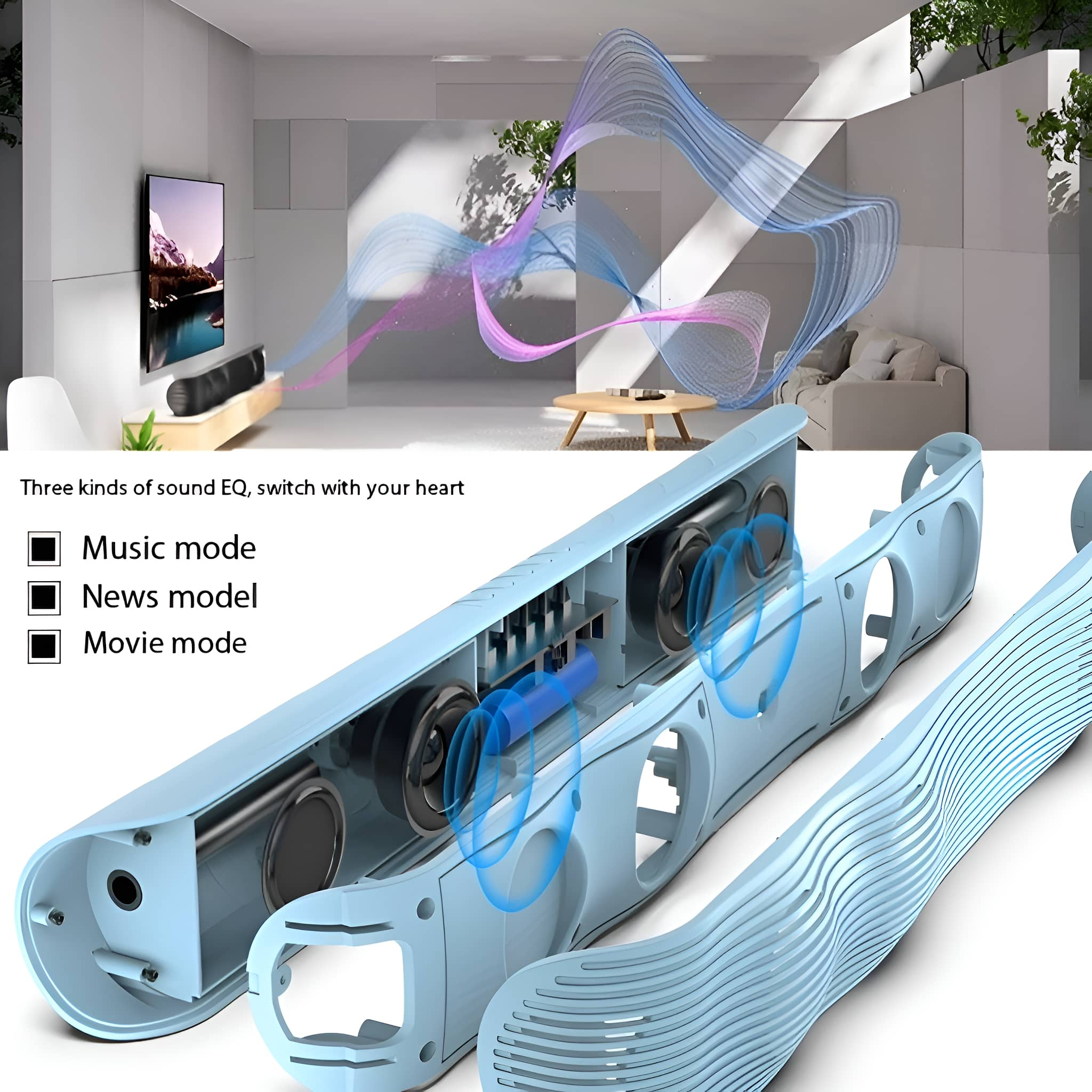 Eine blaue Soundbar mit Innendetails und drei EQ-Modi: Musik, Nachrichten und Film.