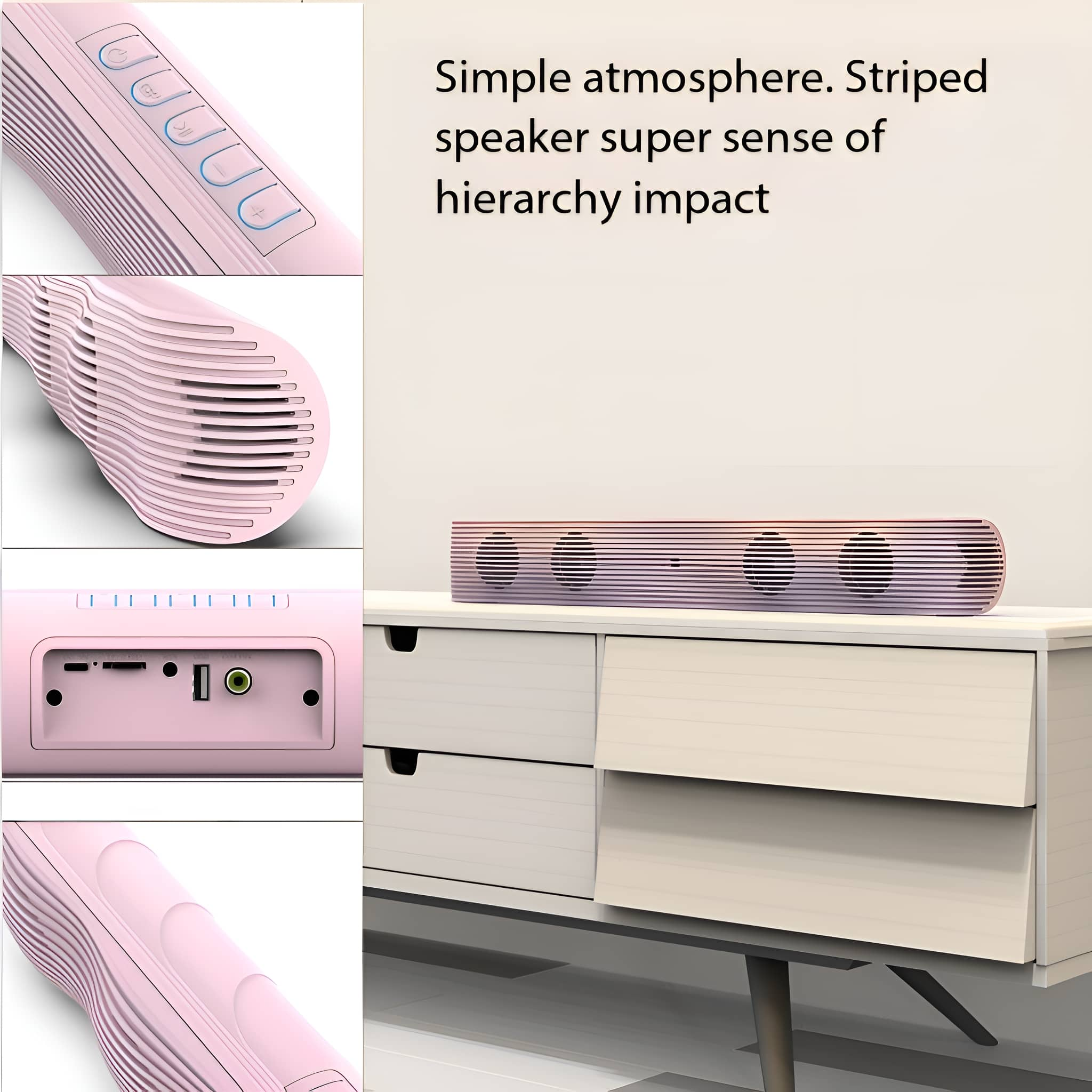 Ein rosa Lautsprecher mit Streifendesign und Knöpfen. Mehrere Bilder zeigen verschiedene Winkel und Funktionen.
