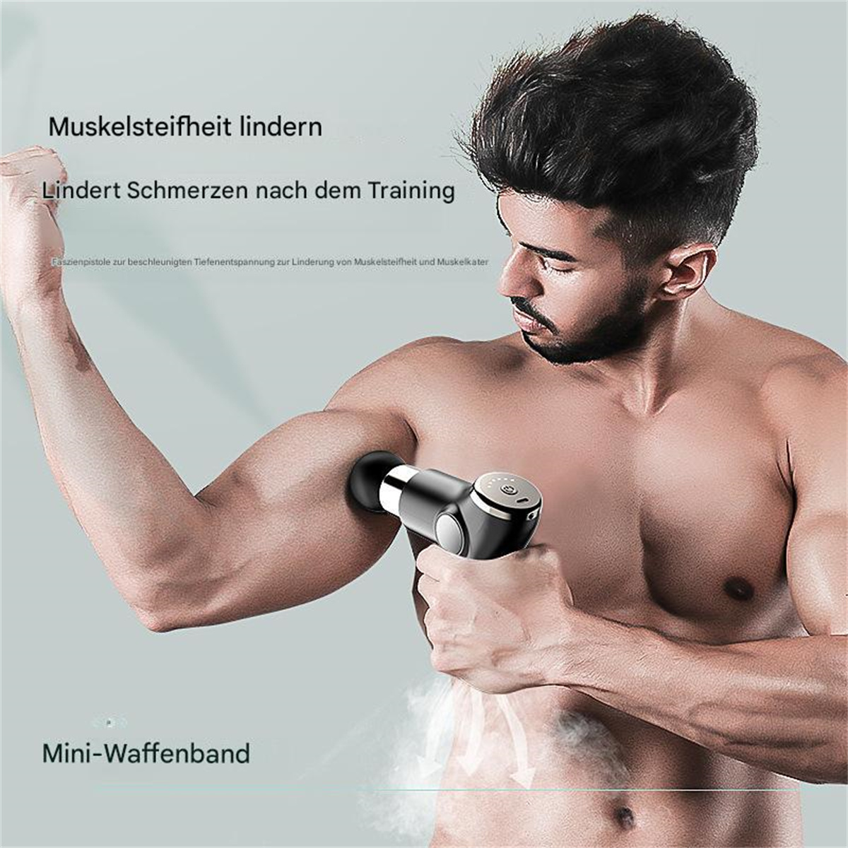 Ein Mann benutzt eine Massagepistole an seinem Arm, mit Text auf Deutsch zur Linderung von Muskelsteifheit.