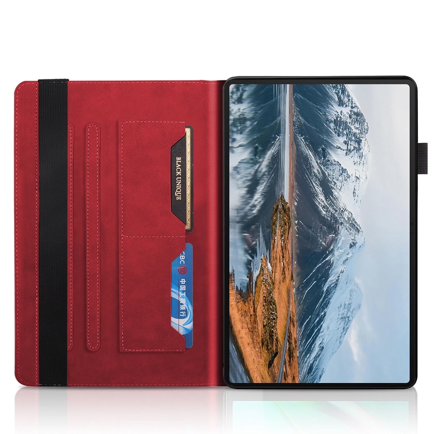 Una funda roja para tableta con un soporte negro, una ranura para tarjetas y una tableta dentro.