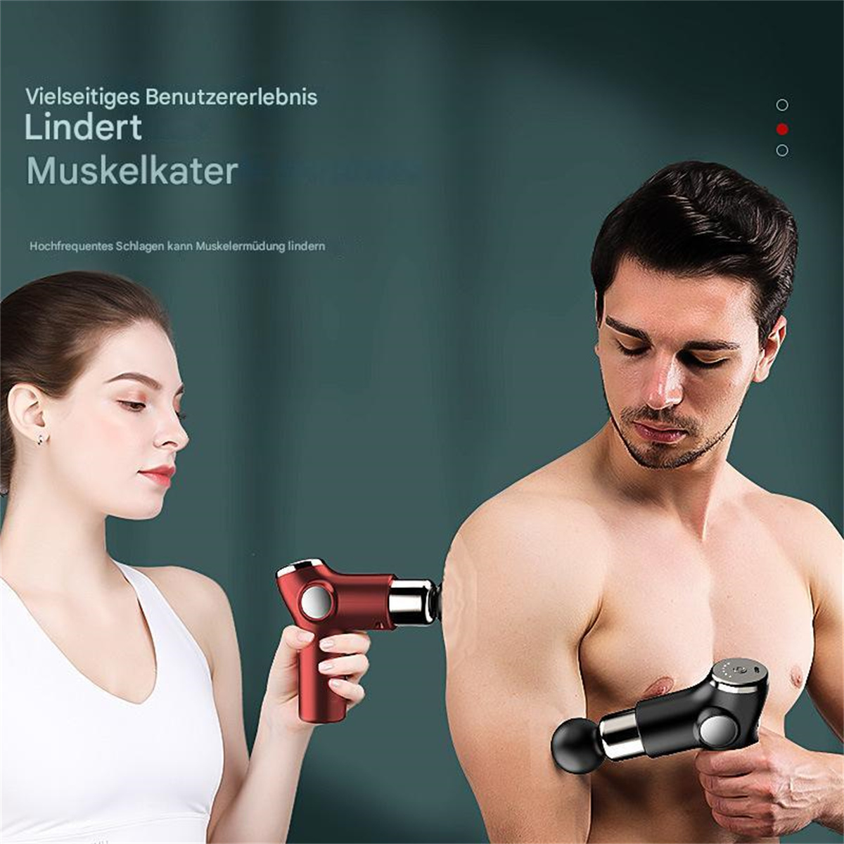 Frau und Mann mit Massagepistolen. Rote und schwarze Geräte. Dunkler Hintergrund.