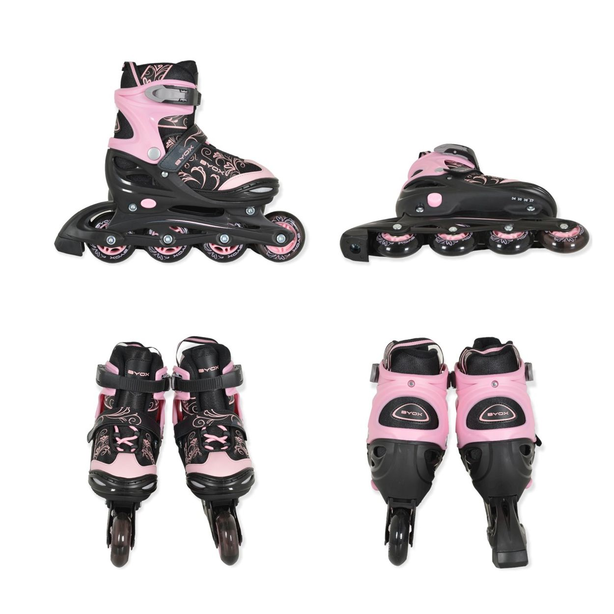 Vier Ansichten von pinkfarbenen und schwarzen Inline-Skates. Die Skates befinden sich auf weißem Hintergrund.