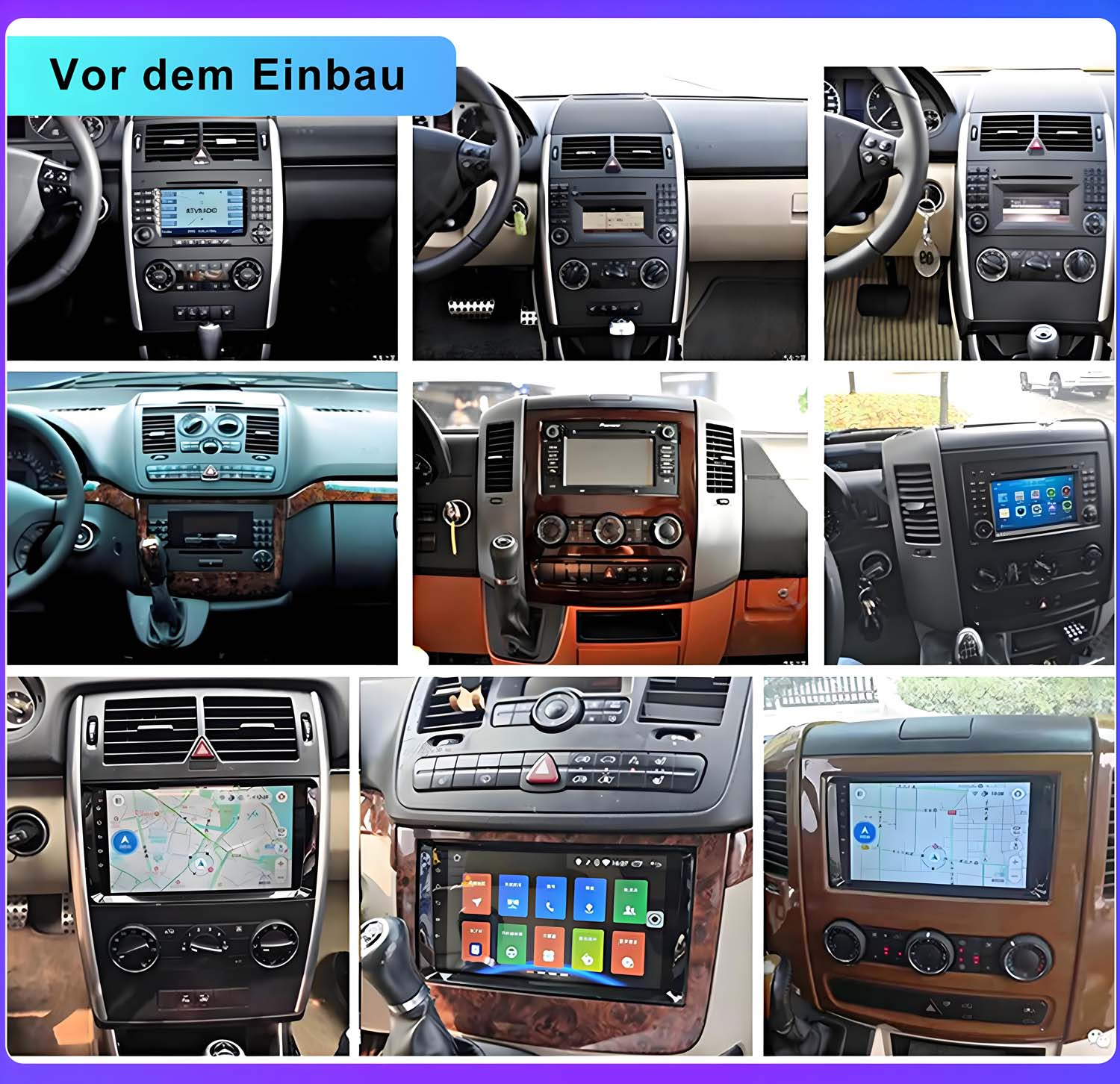 Nueve imágenes de modificaciones en el salpicadero del coche, mostrando diferentes instalaciones de radio.