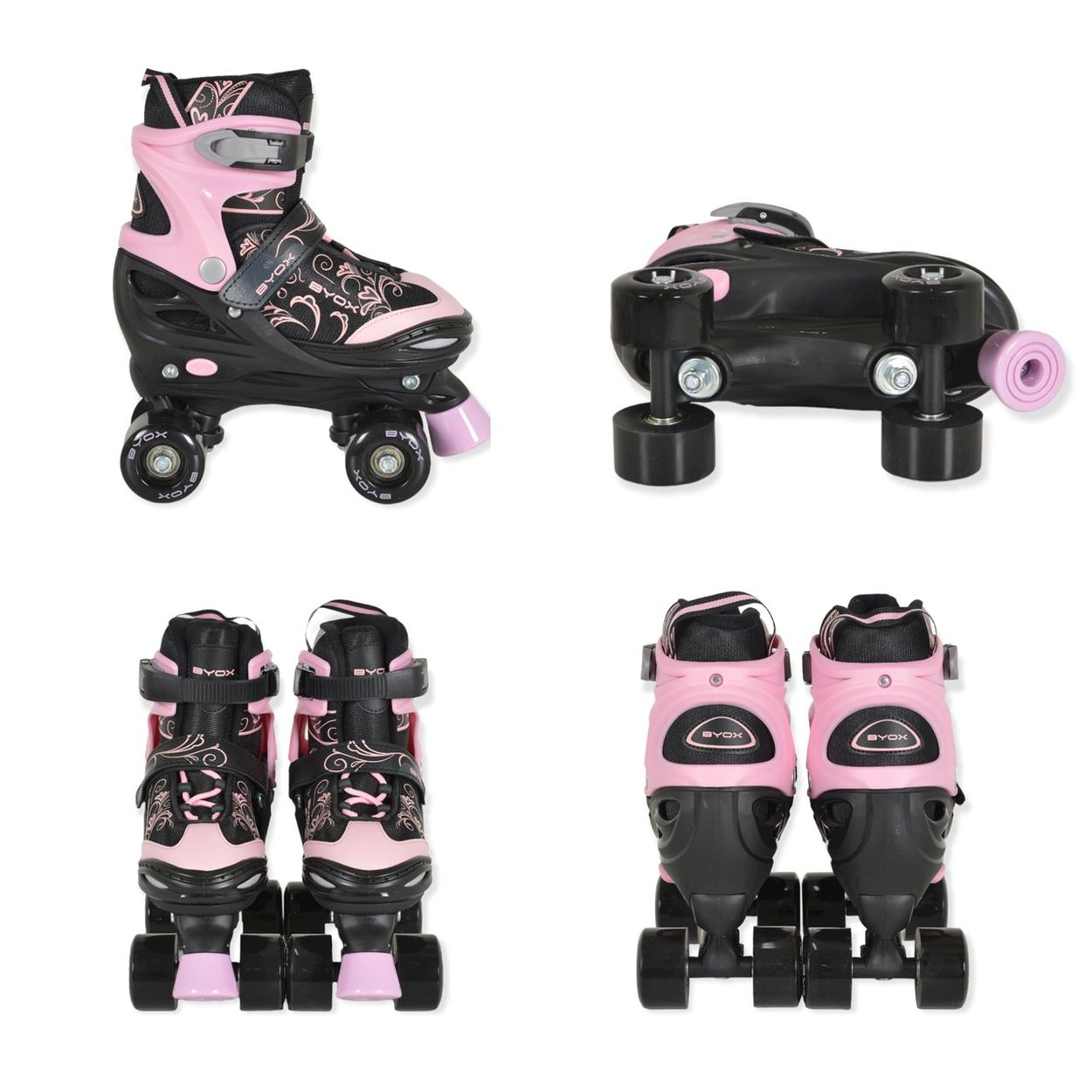 Vier Ansichten von rosa und schwarzen Rollschuhen.
