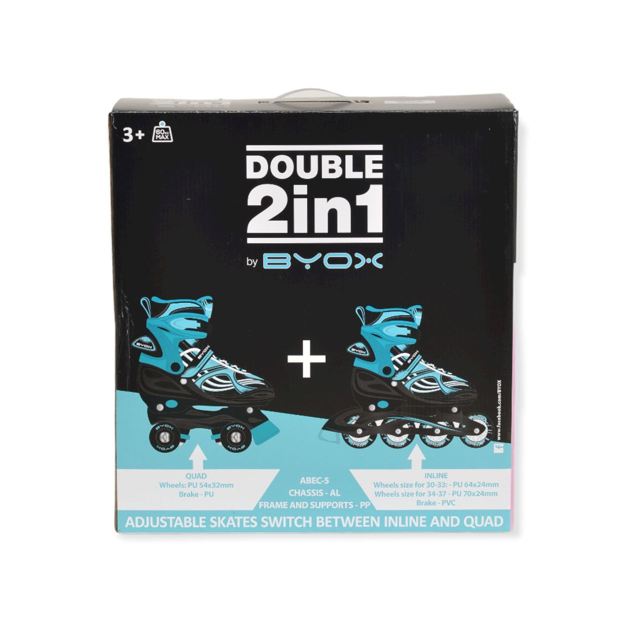 Schachtel mit blau-schwarzen verstellbaren Schlittschuhen. Zeigt Inline- und Quad-Skate-Konfigurationen.