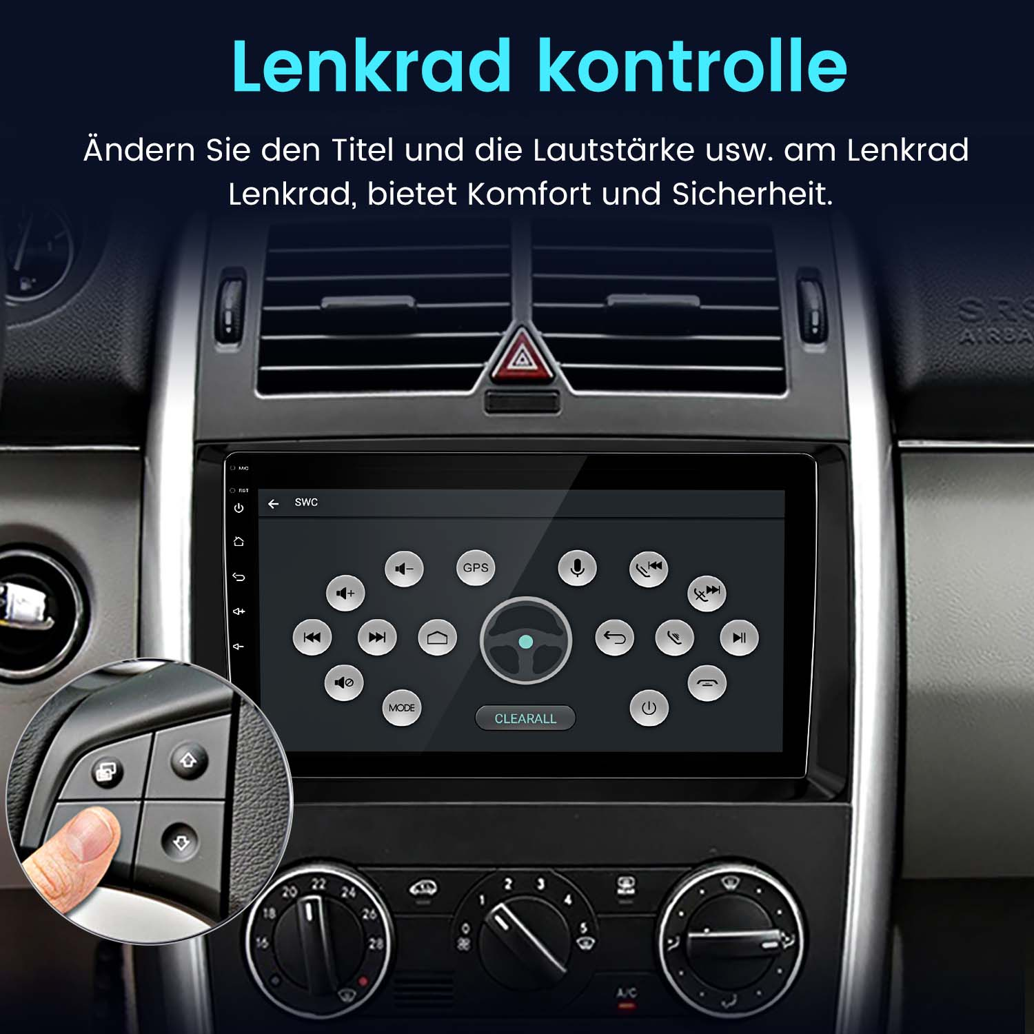 Pantalla del coche con controles. Mano en el volante. Texto en alemán.