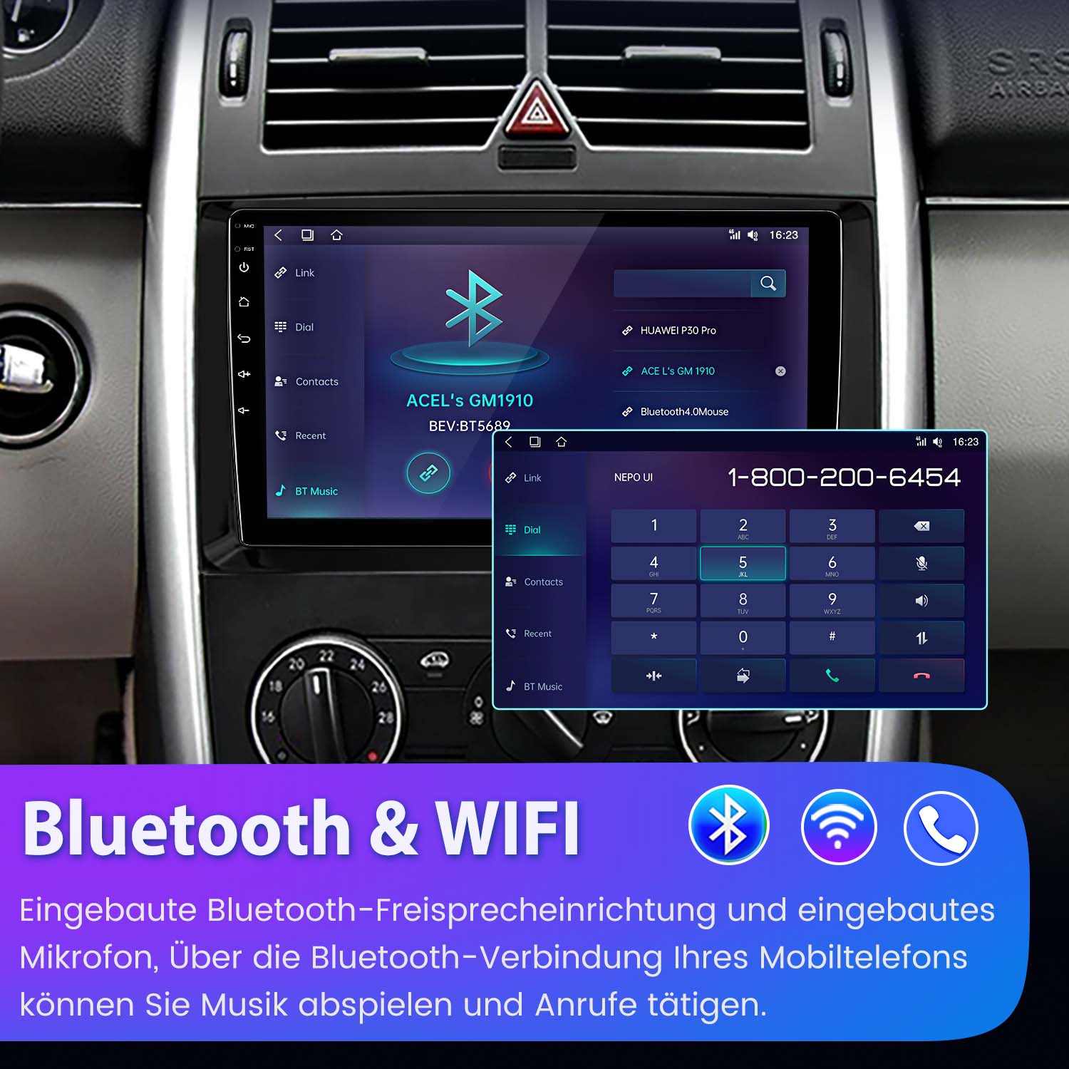 Estéreo de coche con pantalla que muestra la interfaz del teléfono y un teclado numérico.