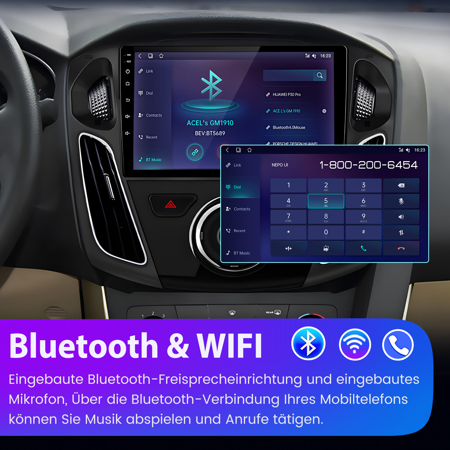 Panel samochodu z ekranem dotykowym z Bluetooth i funkcjami wybierania numeru, dialerem i funkcjami telefonu.