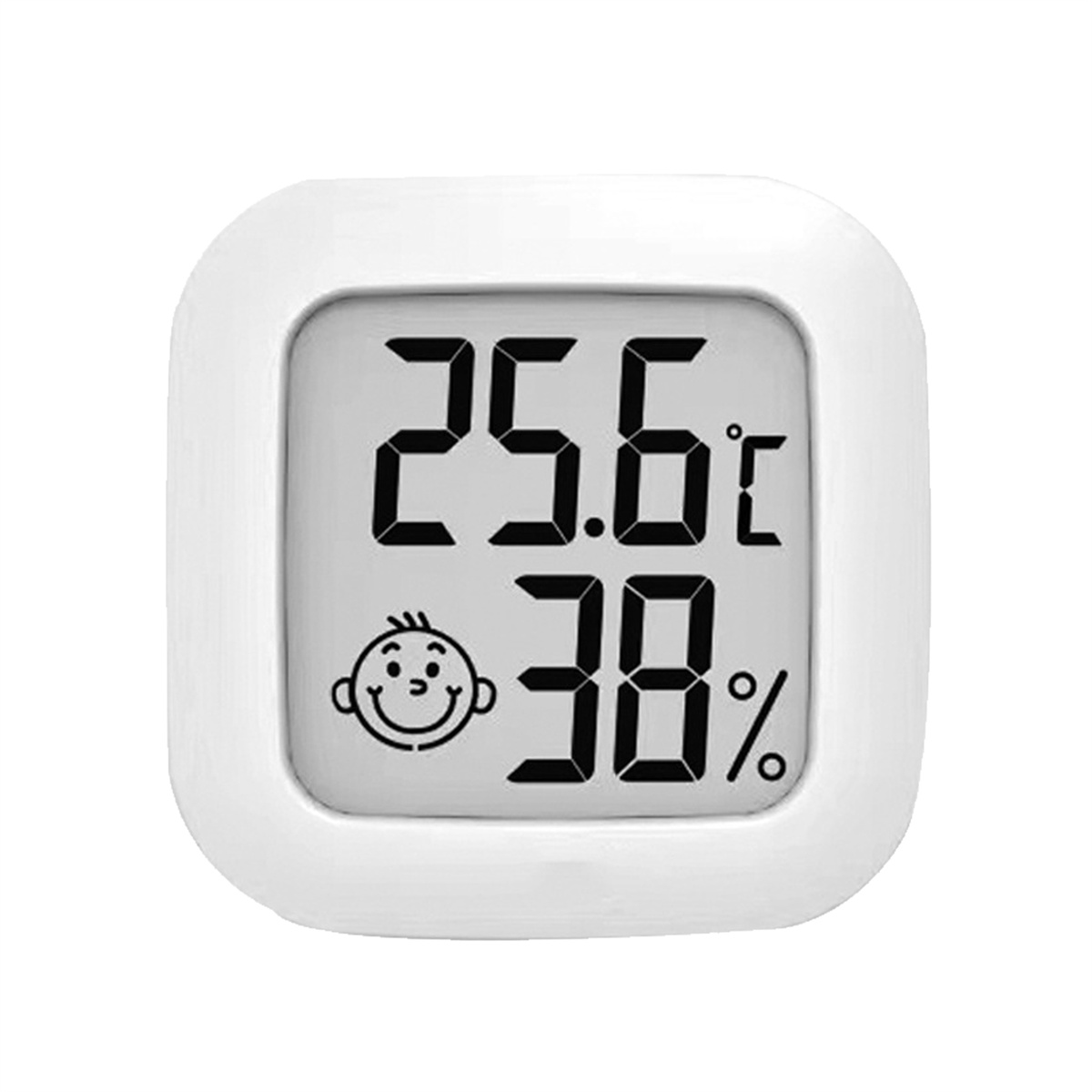 Ein weißes digitales Thermometer, das 25,6 Grad Celsius und 38 % Luftfeuchtigkeit anzeigt, mit einem lächelnden Gesichtssymbol.