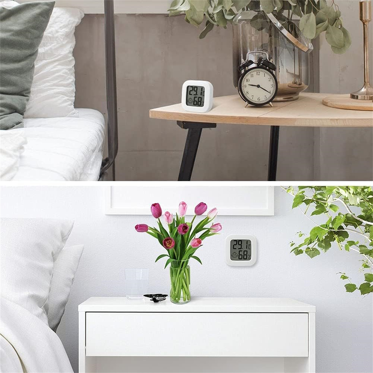 Zwei Fotos: eins mit Uhr und Thermometer, eins mit Vase und Thermometer.