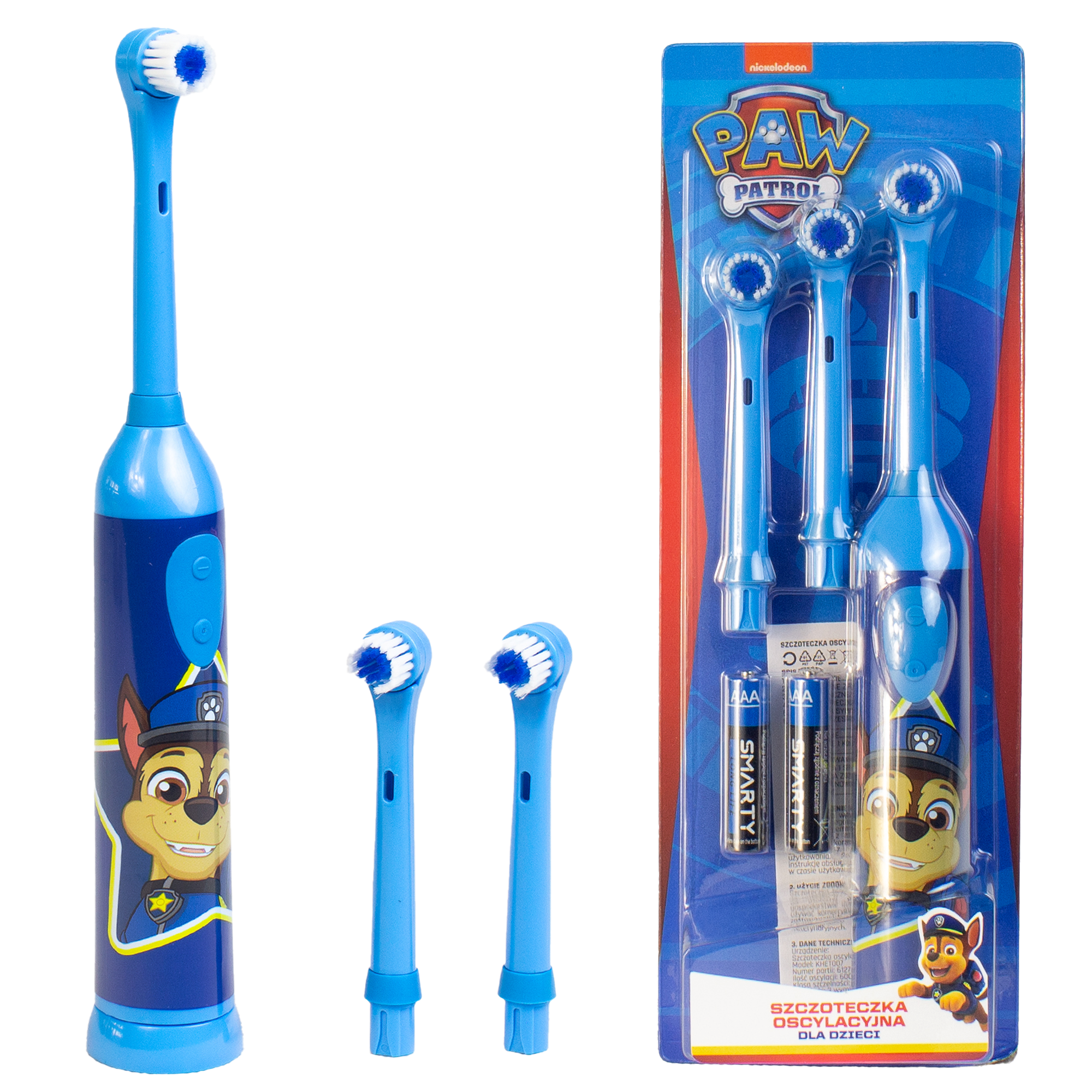 Cepillo de dientes eléctrico Paw Patrol con cabezales de repuesto y pilas. Diseño de personaje.