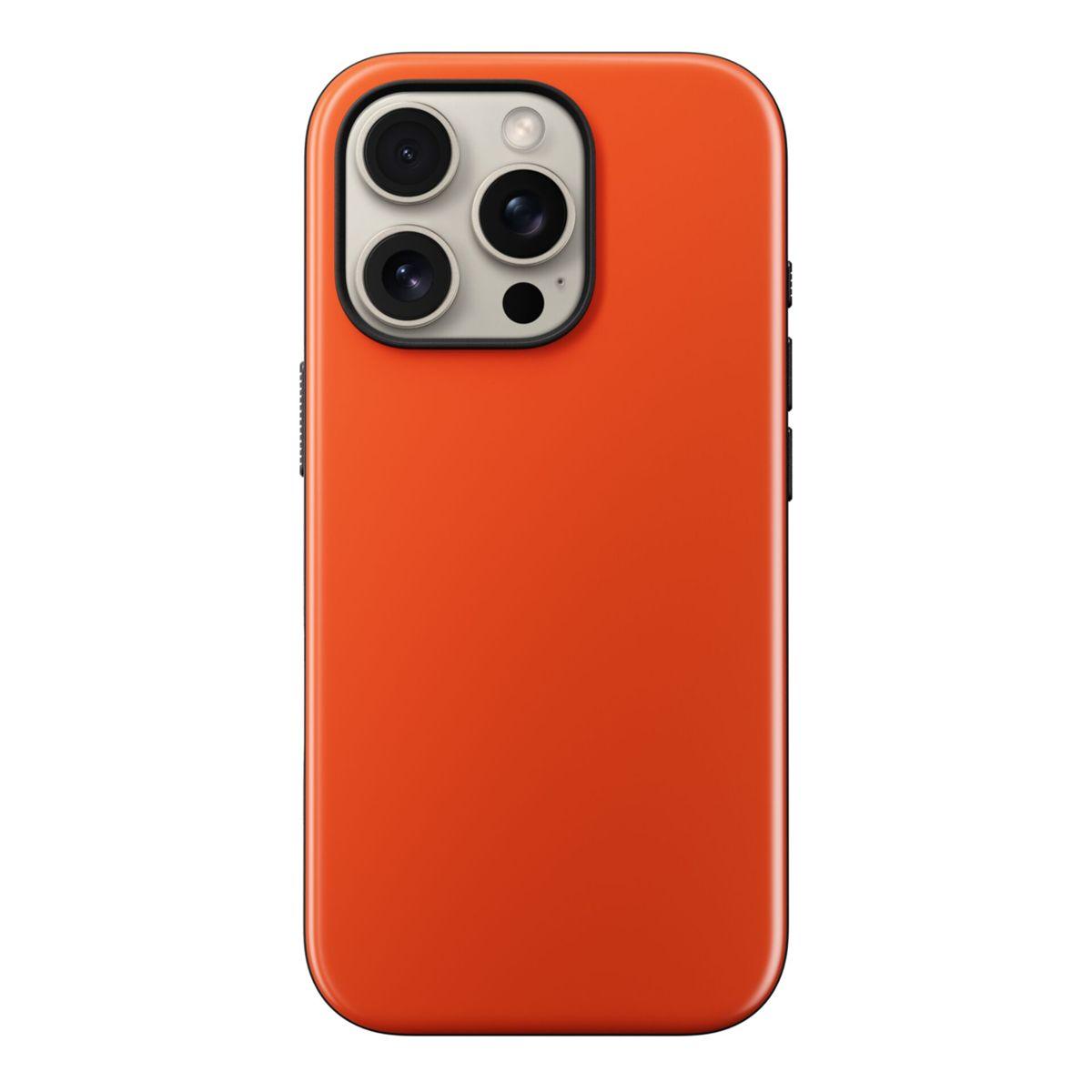 Orangefarbene Handyhülle mit drei Kameralinsen. Die Hülle umschließt ein Telefon.