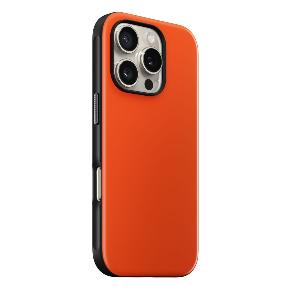 Orangene Handyhülle mit schwarzen Rändern, Dreifachkamera und schwarzer Seitentaste.