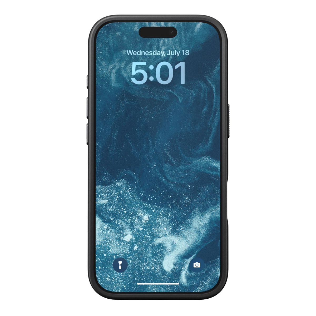 iPhone mit schwarzem Gehäuse, das den Bildschirm zeigt, der einen Sperrbildschirm mit Uhrzeit anzeigt. Schwarzer Rahmen.