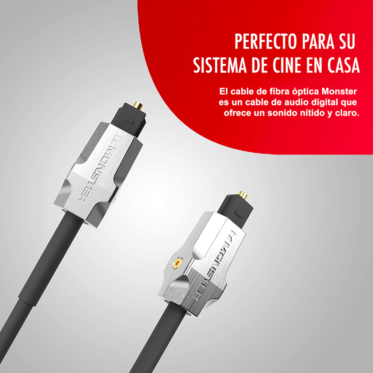 Cavo audio ottico con connettori argentati, cavo nero e testo su sfondo rosso.