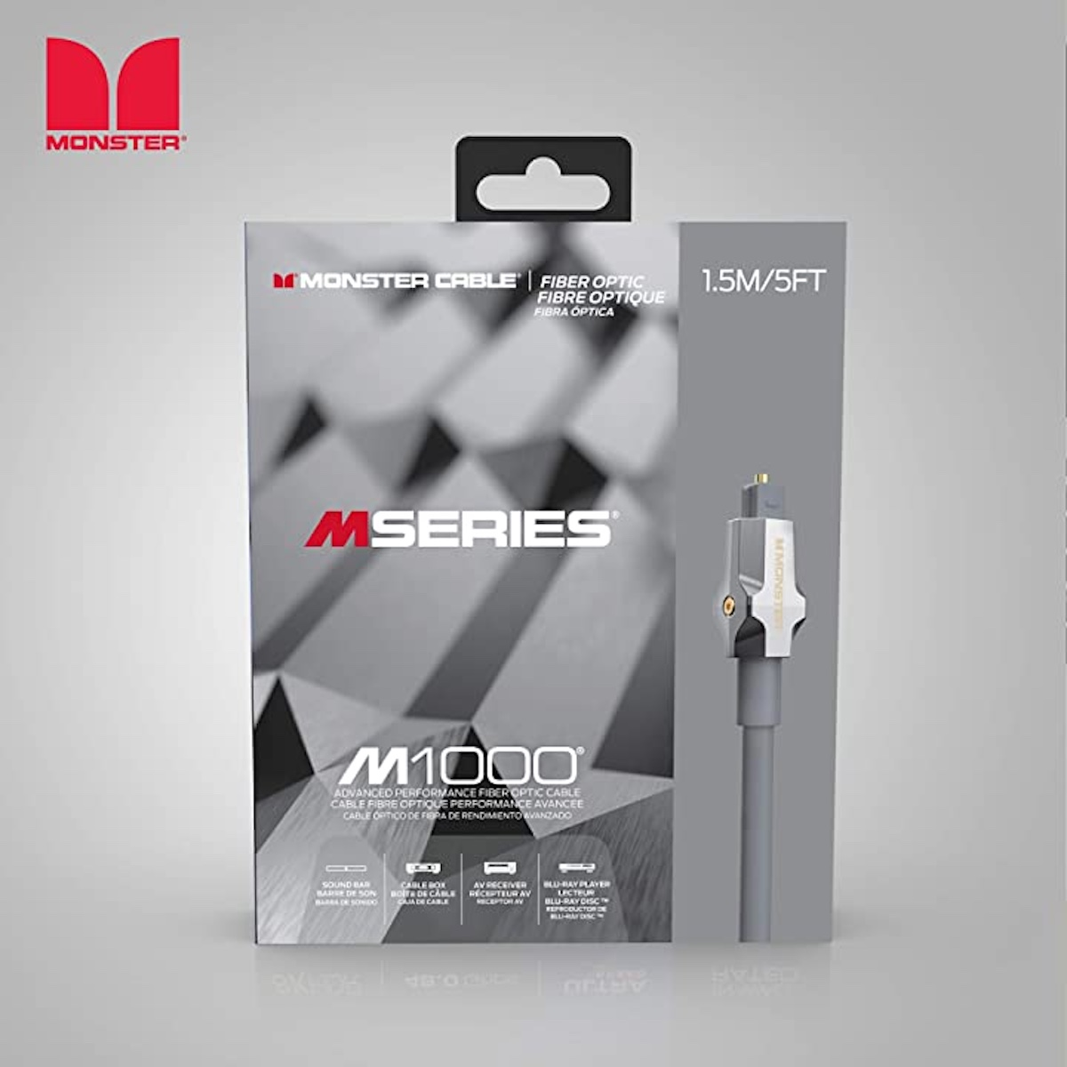 Scatola per cavo in fibra ottica Monster M1000. Cavo grigio e scatola bianca. Il testo include 'Monster Cable'.
