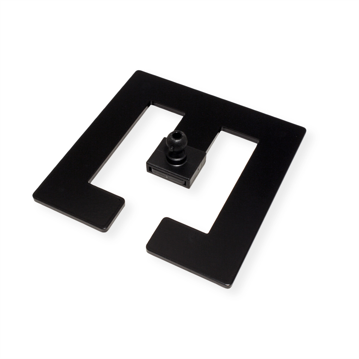 Black metal square with a missing section, and a small black connector in the center.