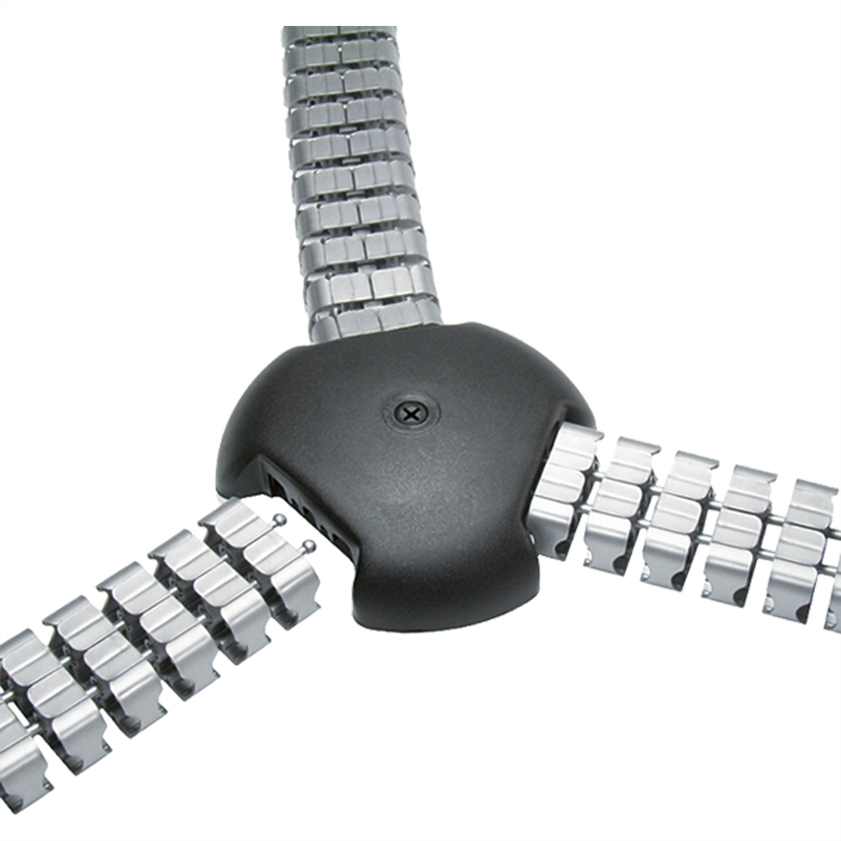 Black plastic component with three metal arms extending, on a white background.