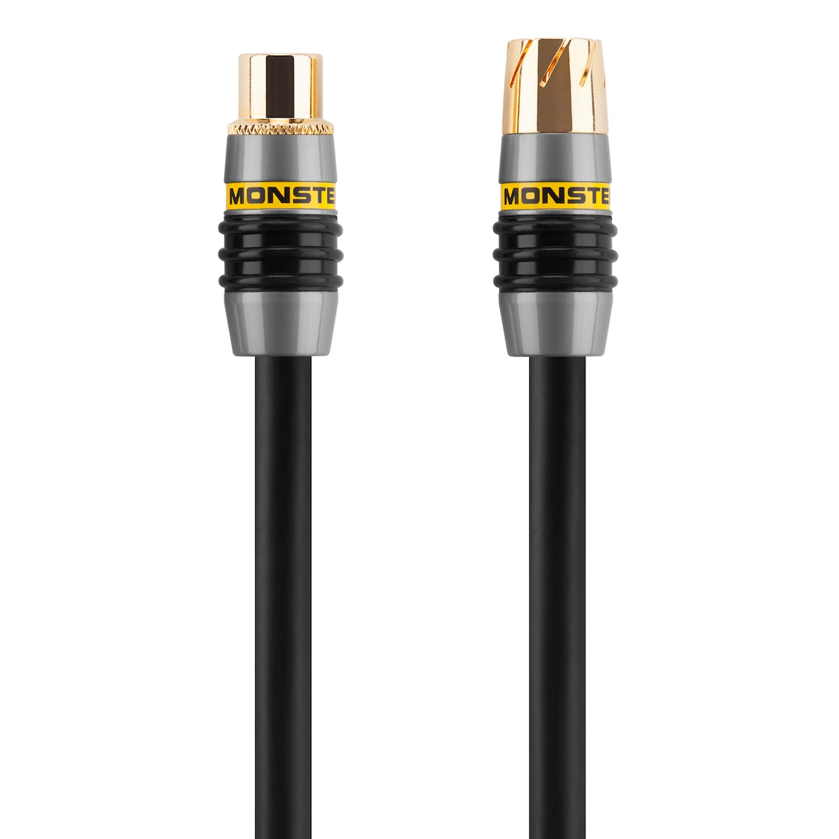 Dos cables coaxiales negros con conectores dorados y plateados. Etiqueta amarilla 'MONSTER'.