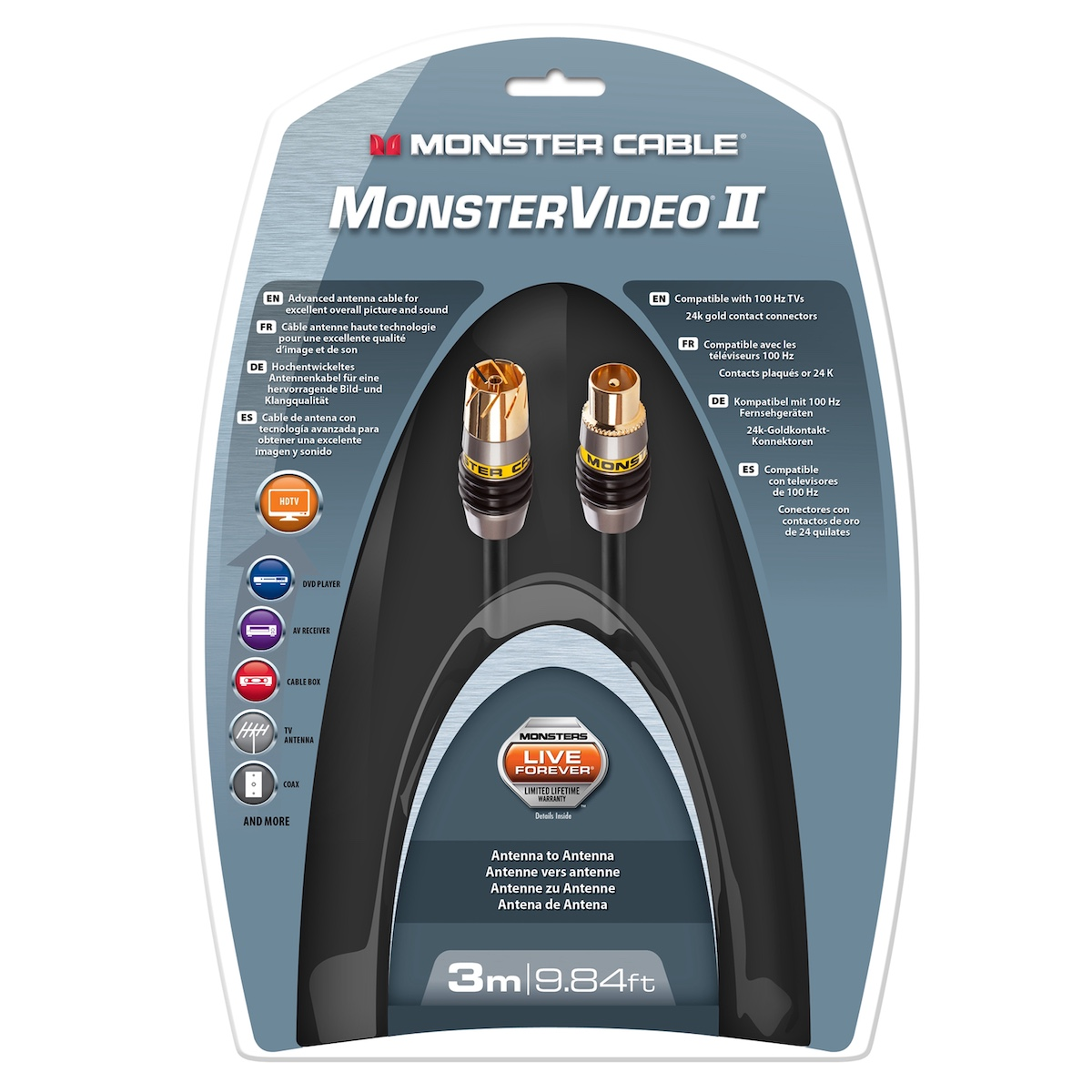 Paquete de cable de antena Monster Cable II con dos conectores dorados.