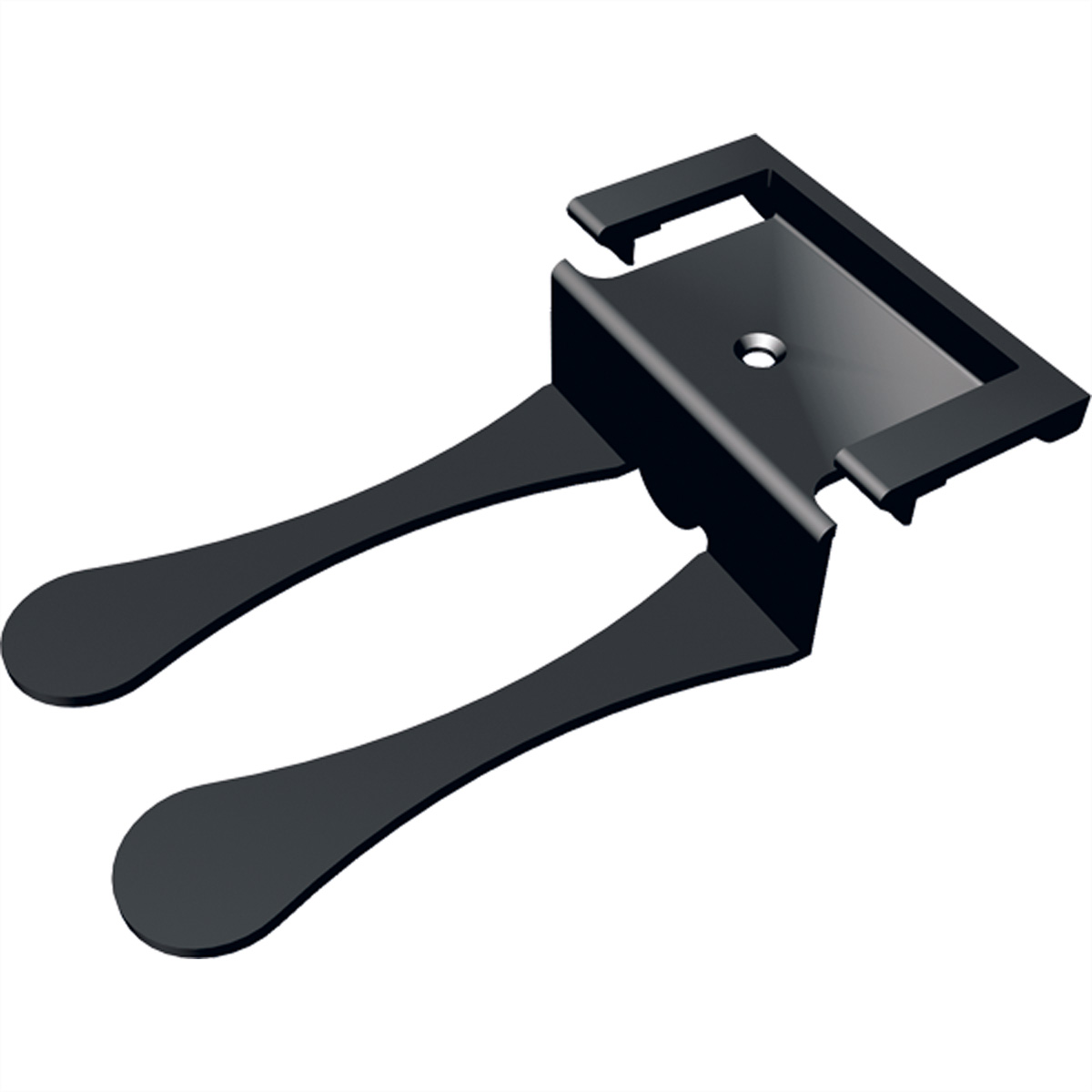 Black plastic object with two handles.