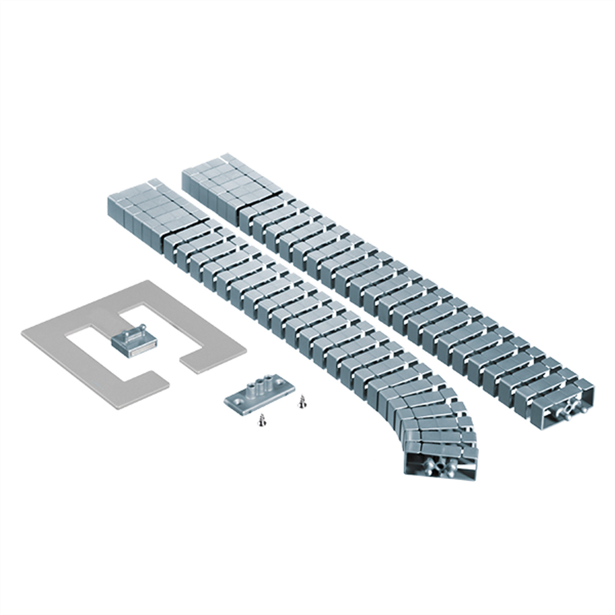 Several gray cable tracks and connectors. The tracks are segmented and form a curved shape.