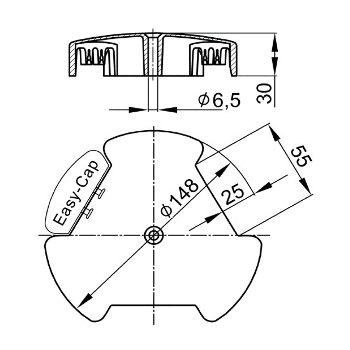 Technical drawing of a round, black, plastic component with dimensions.