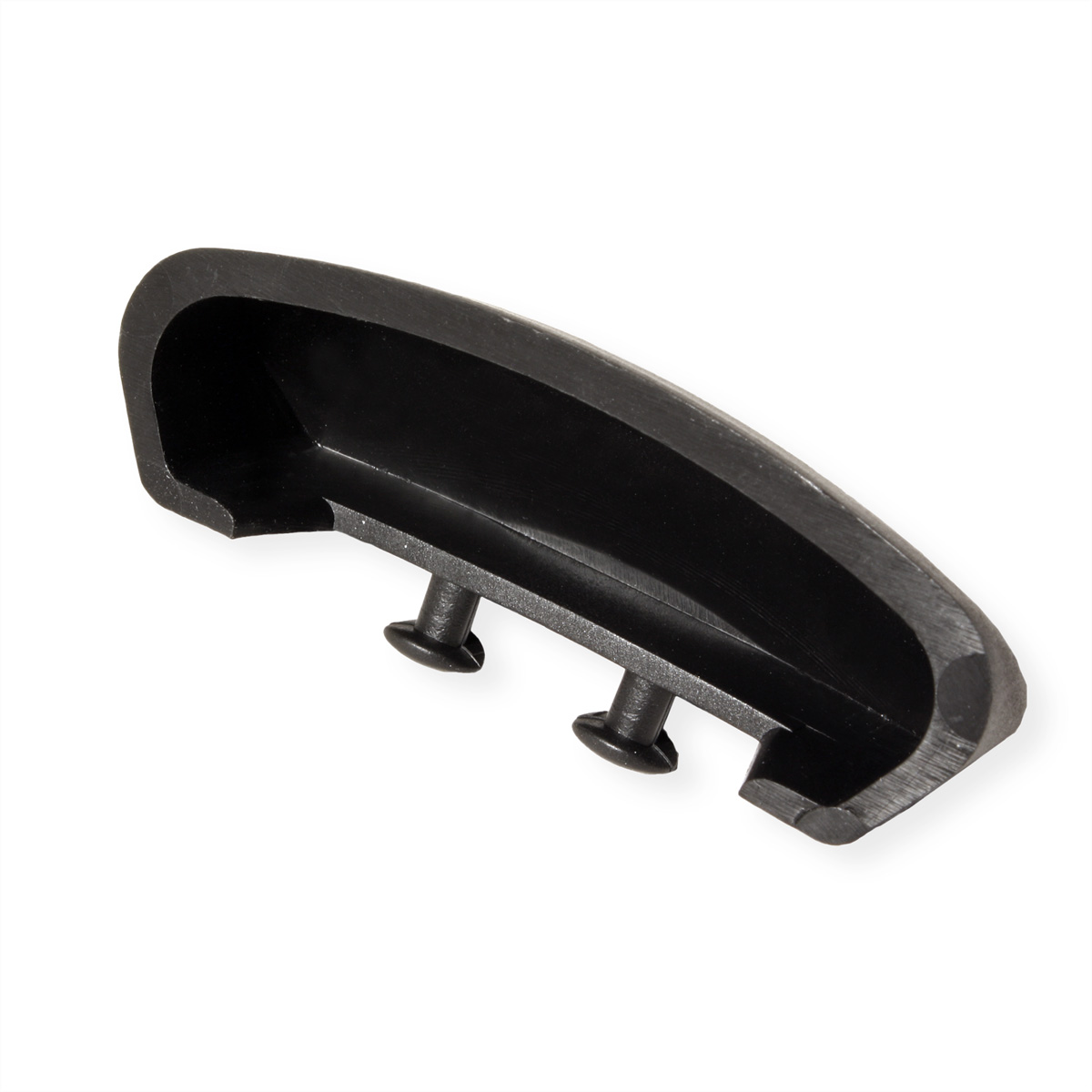 A black plastic part with two pegs, likely for assembly or attachment, isolated on a white background.