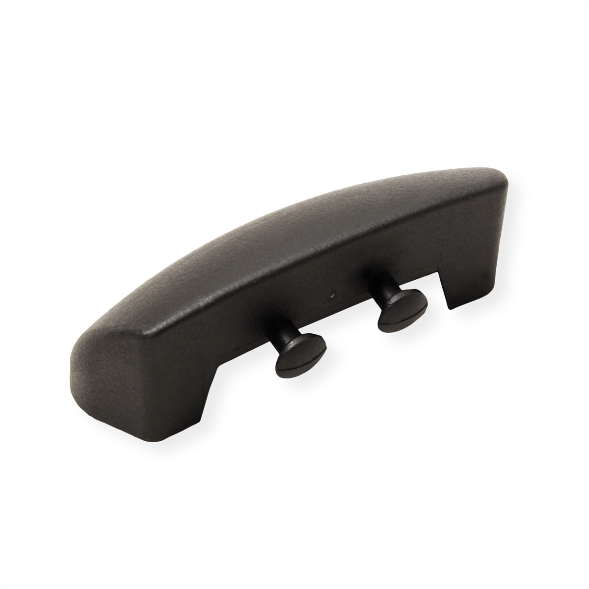 Black plastic component with two screws. Angled view on a white background.