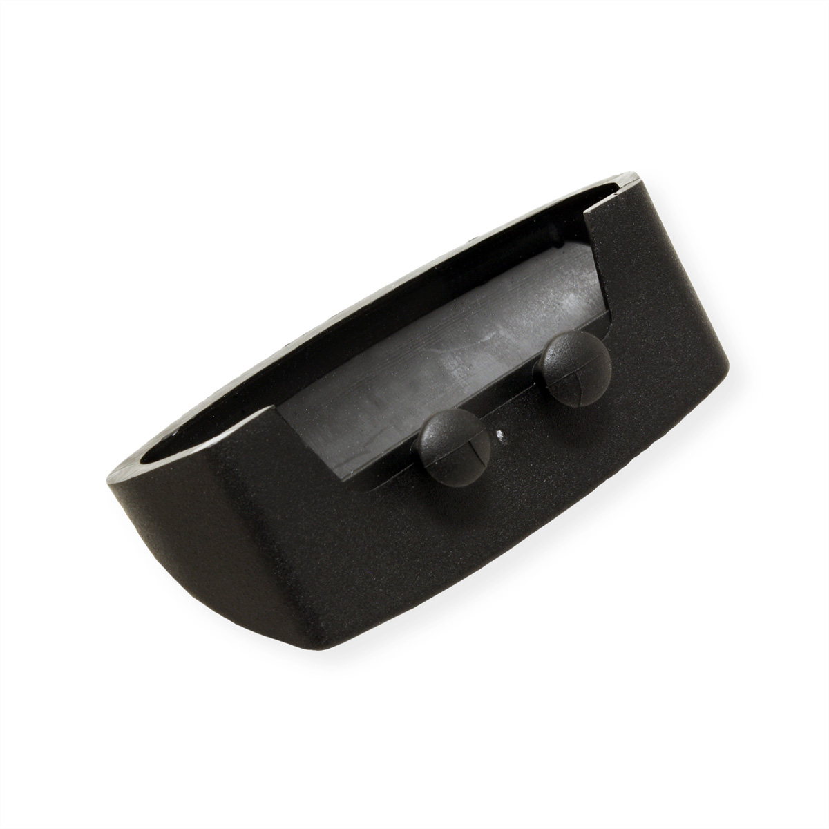Black plastic part with two black buttons, on a white background.