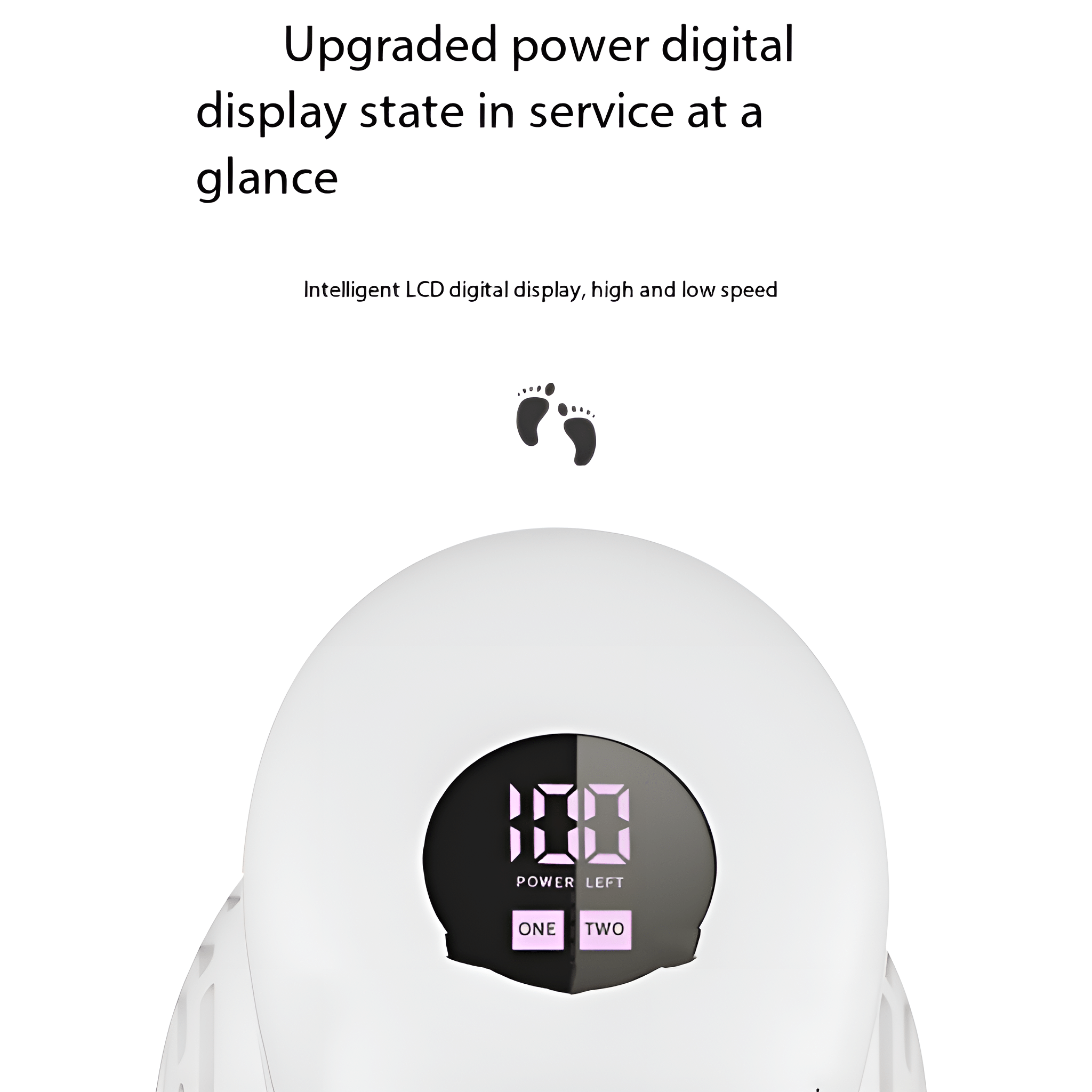 Ein weißes digitales Gerät mit einem Bildschirm, der '100' und 'POWER LEFT' anzeigt. Das Gerät zeigt Digitalanzeige.