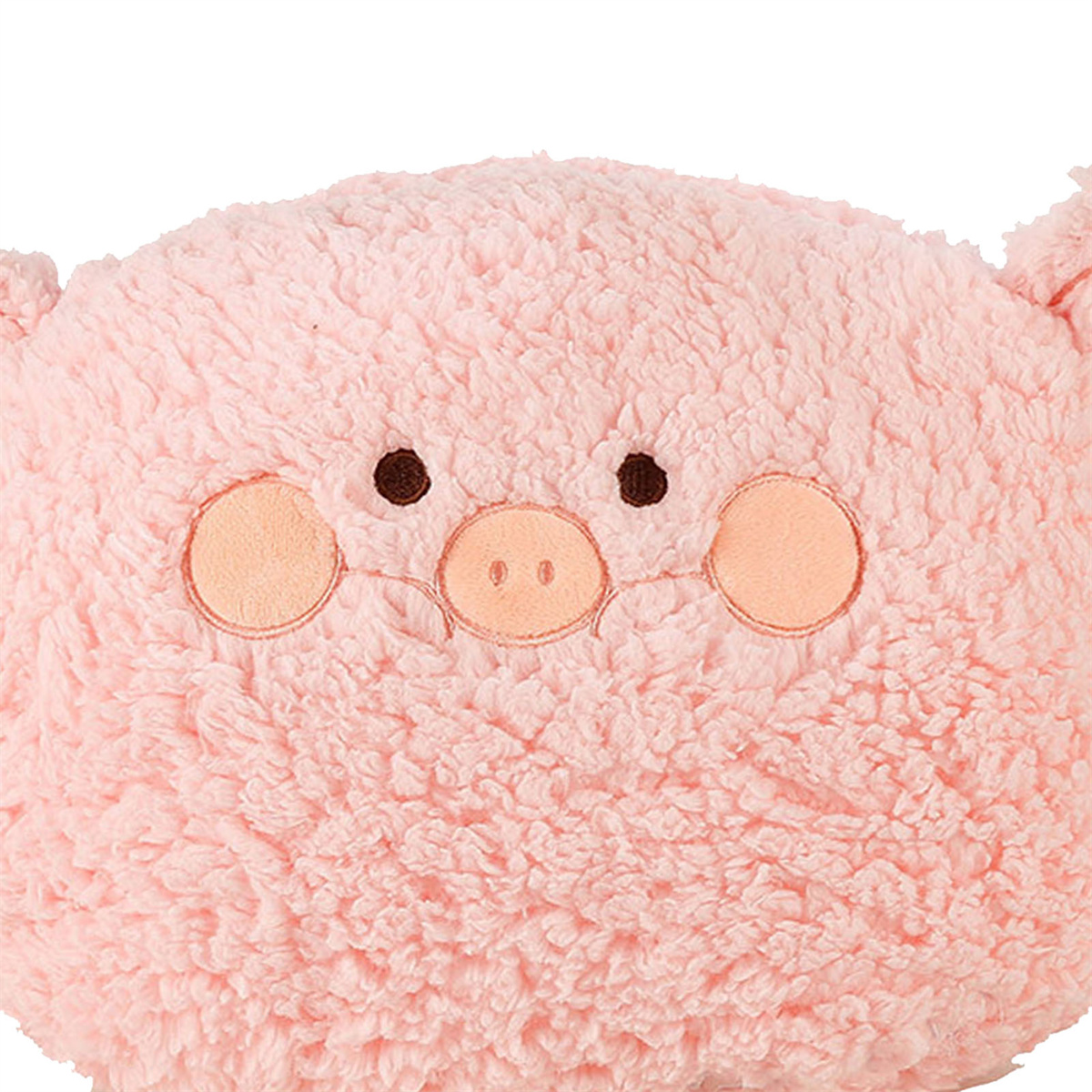 Nahaufnahme eines flauschigen, rosa Schweinegesichts mit Ohren, Augen und Nase.