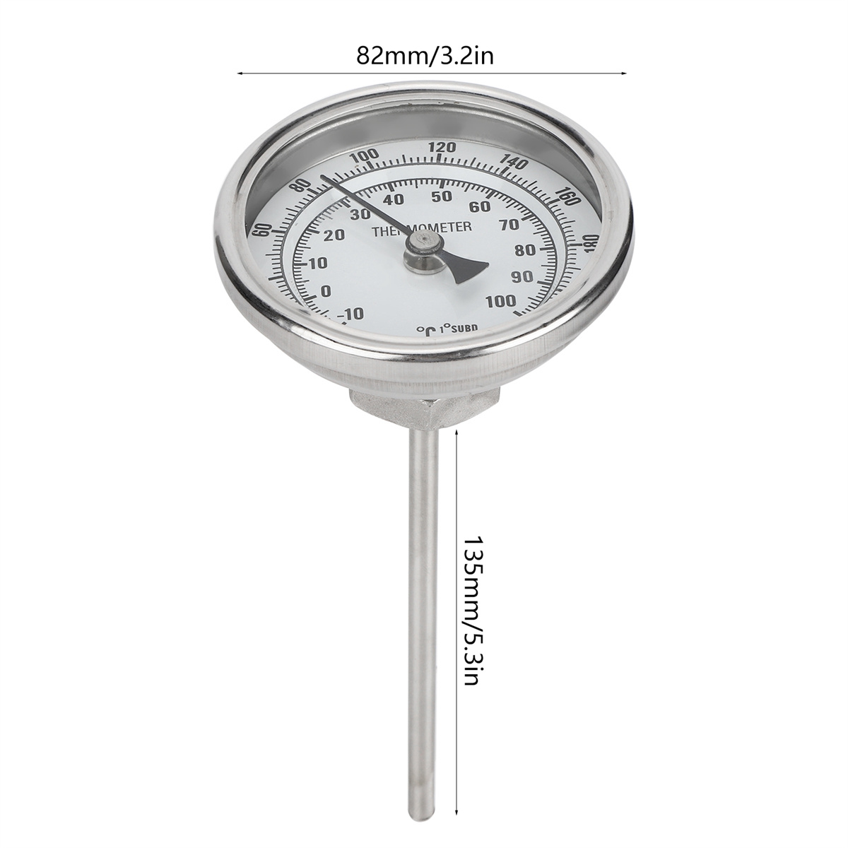 Ein runder Edelstahl-Thermometer mit Messungen auf der Oberfläche und einer langen Metallsonde, die sich davon erstreckt.
