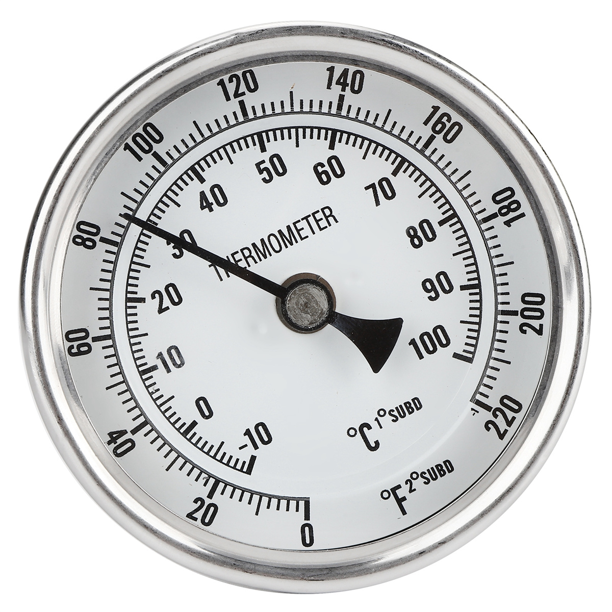 Ein rundes Thermometer mit einer Nadel, die auf 30 Grad zeigt. Die Skala zeigt Temperaturen in Celsius und Fahrenheit an.