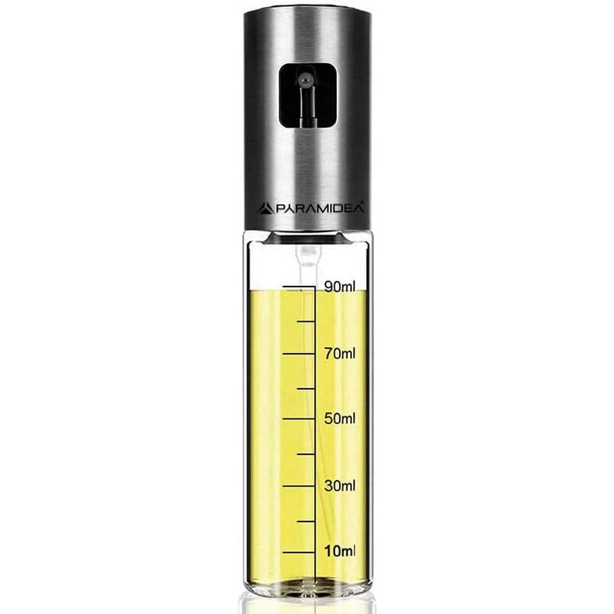 Spruzzatore d'olio con olio, coperchio argentato e corpo trasparente.