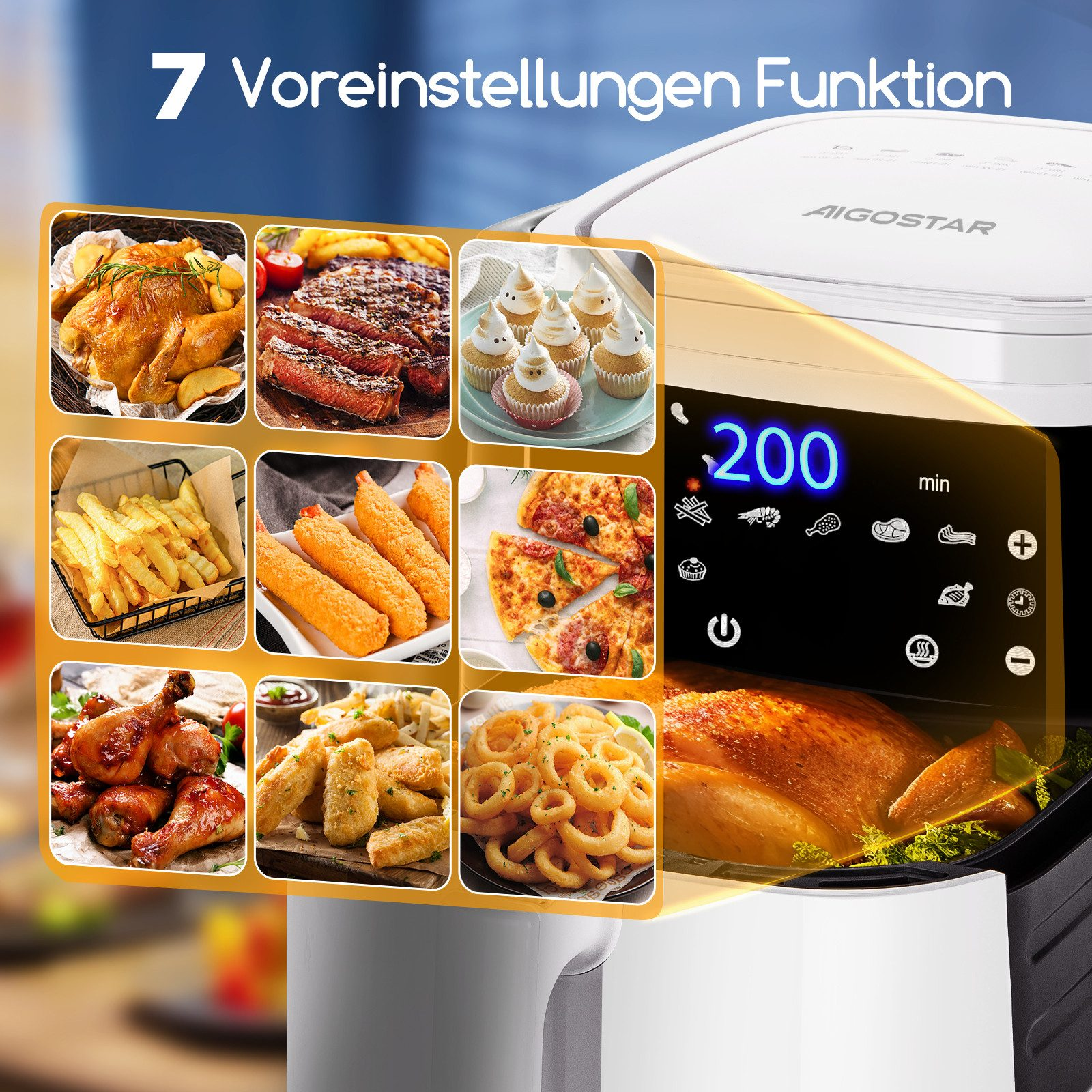 Heißluftfritteuse mit Essensbildern und Einstellungen. Text: 7 Voreinstellungen, Digitalanzeige.