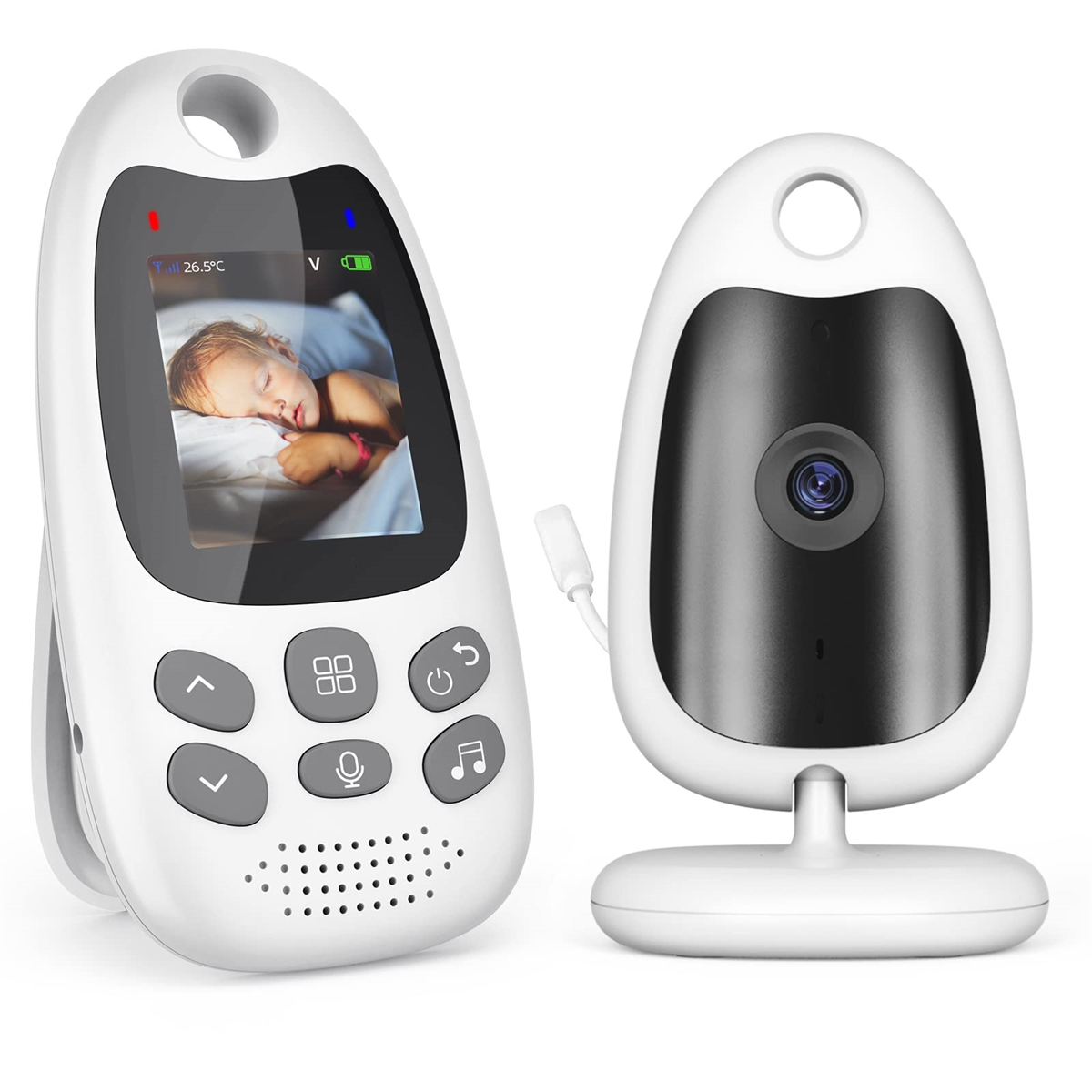 Babyphone mit schlafendem Kind, und eine Kamera. Beide sind aus weißem Kunststoff.